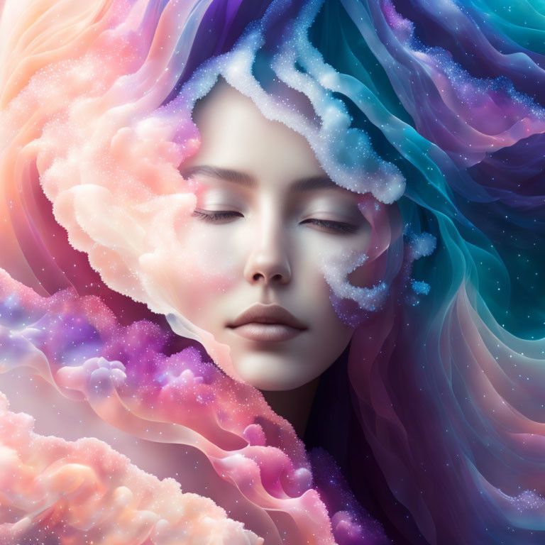 Woman's Face Blended with Cosmic Clouds and Stars in Vibrant Colors