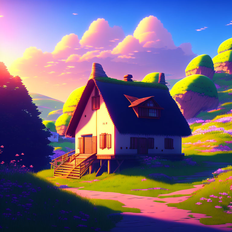 Thatched roof cottage in colorful meadow at sunset