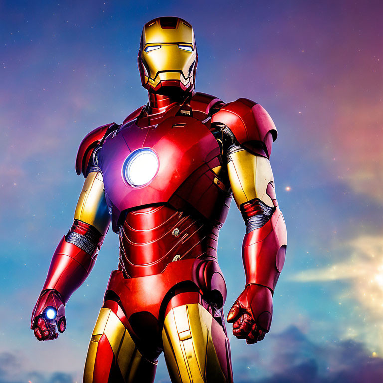 Red and Gold Armored Suit with Glowing Chest Piece in Twilight Sky