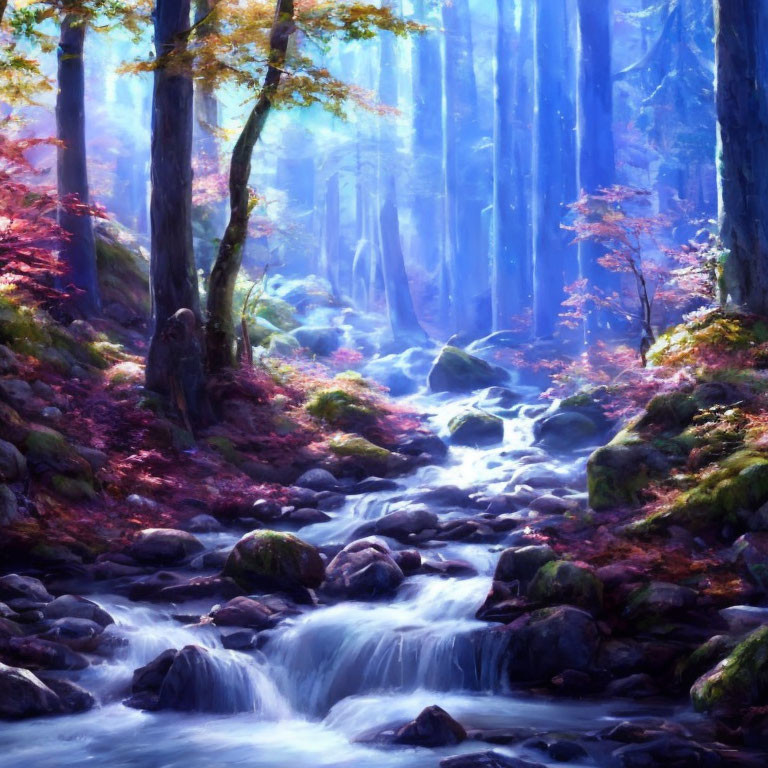 Tranquil forest with babbling brook and autumn trees