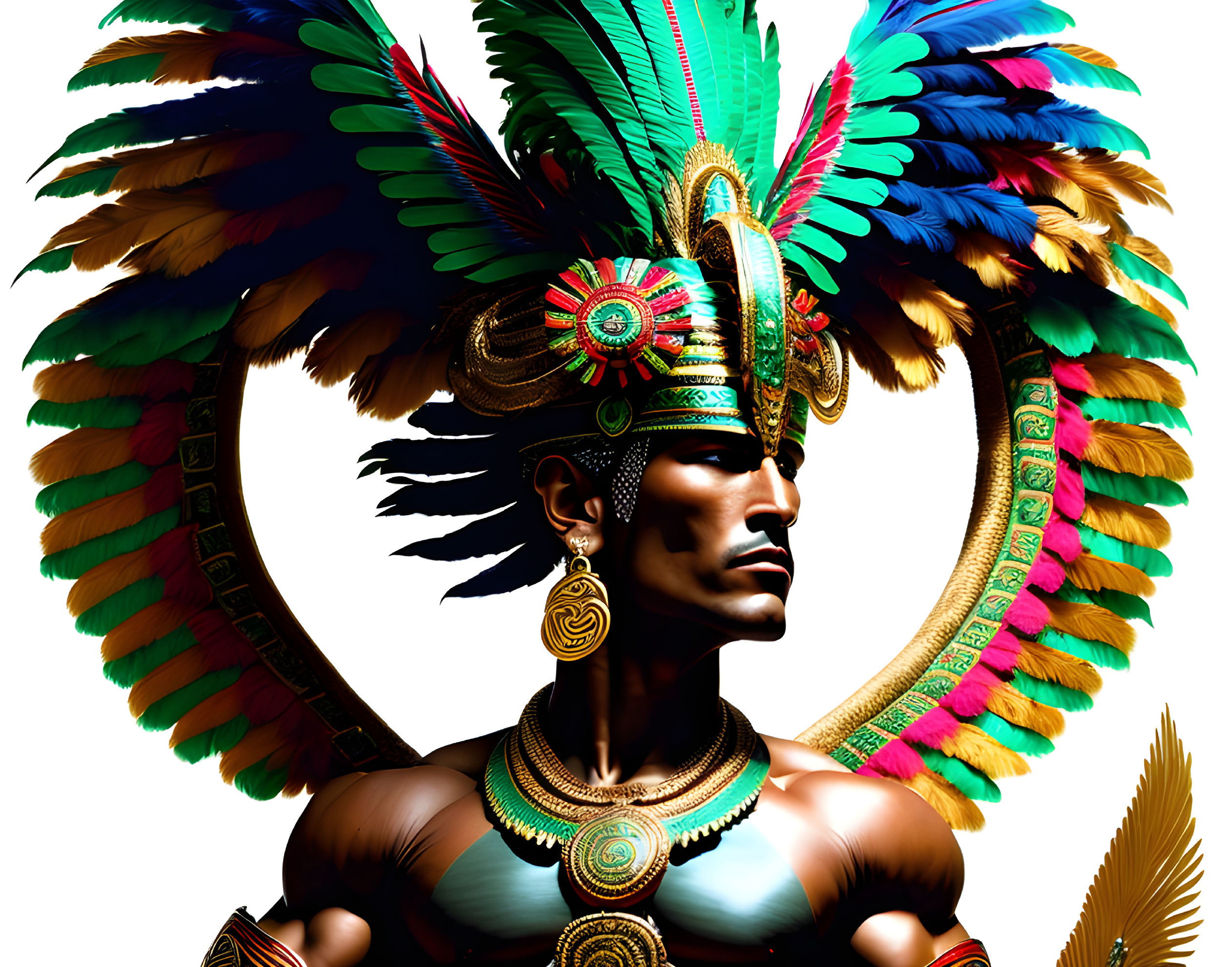 Colorful Aztec headdress on man in digital art