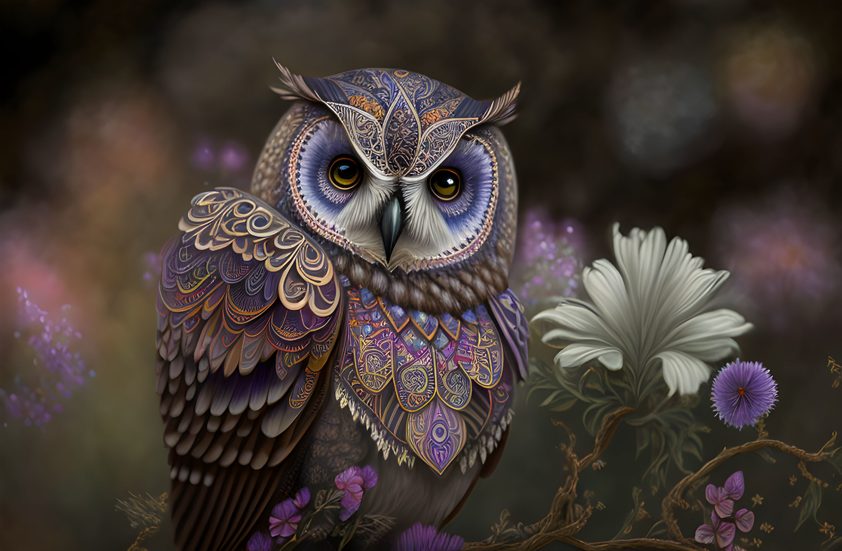 Colorful Owl Illustration Among Purple and White Flowers