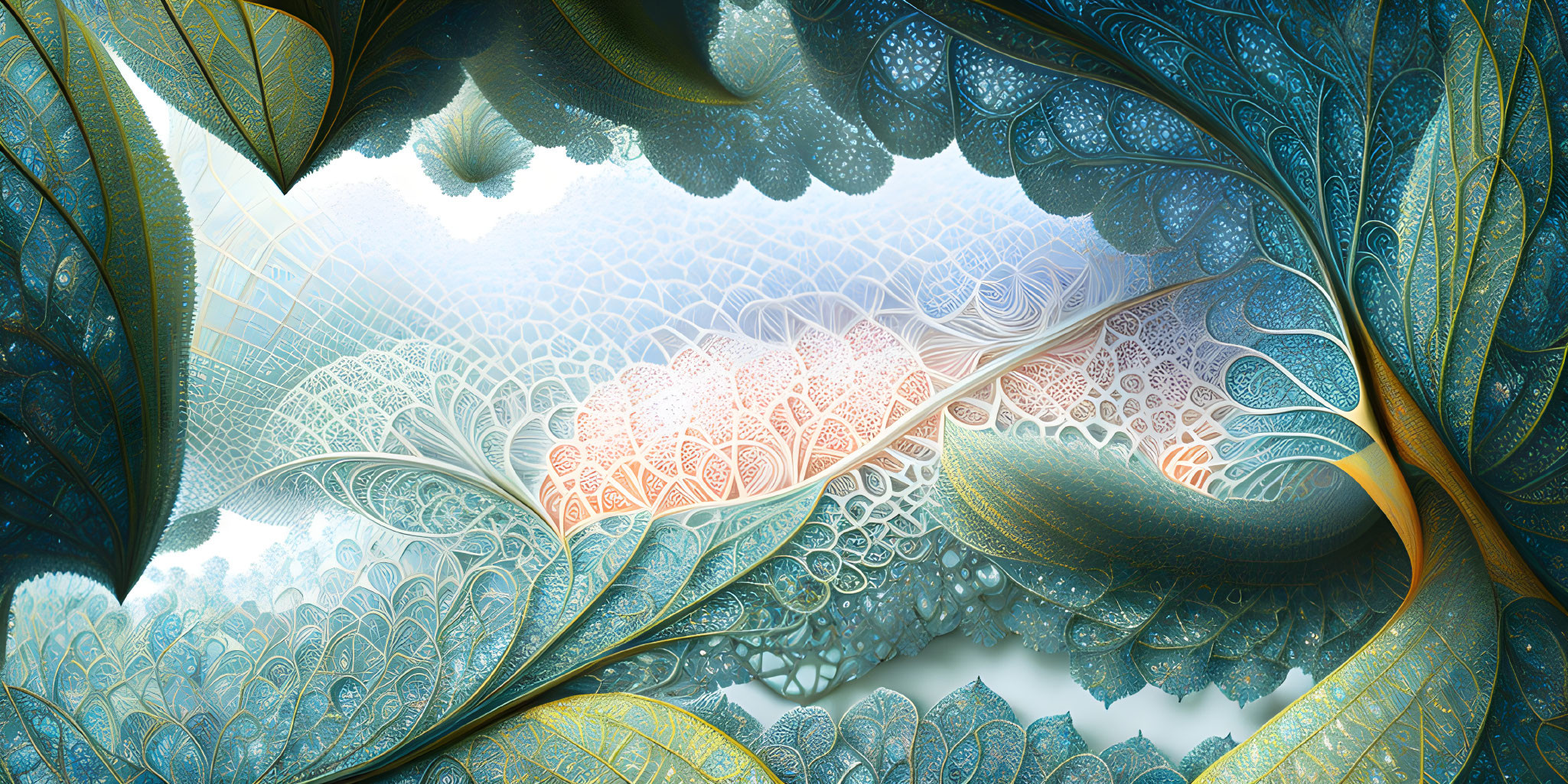 Intricate Fractal Design with Leaf-Like Patterns in Blue and Green