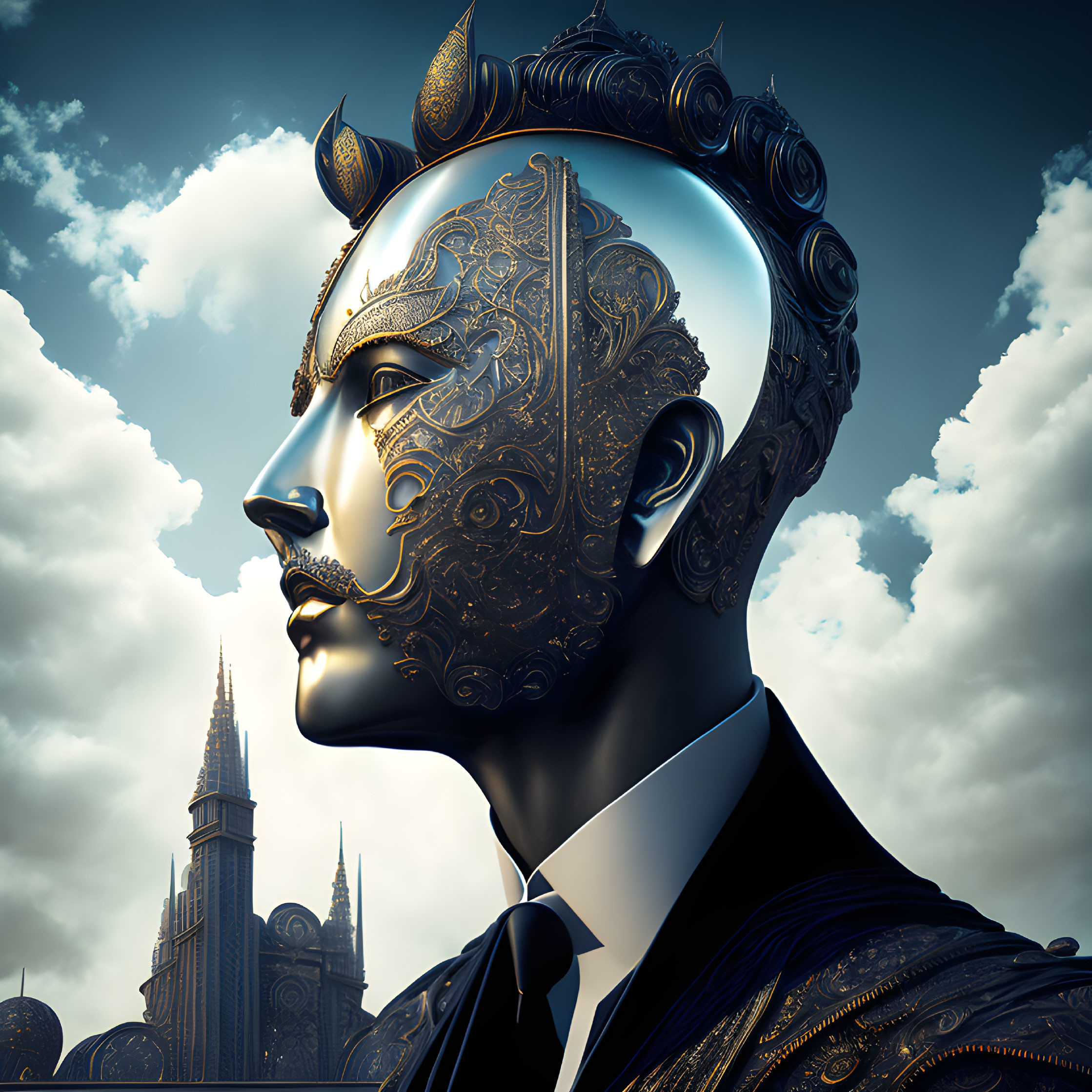 Digital artwork of man with mechanical head against cloudy sky and cathedral spires