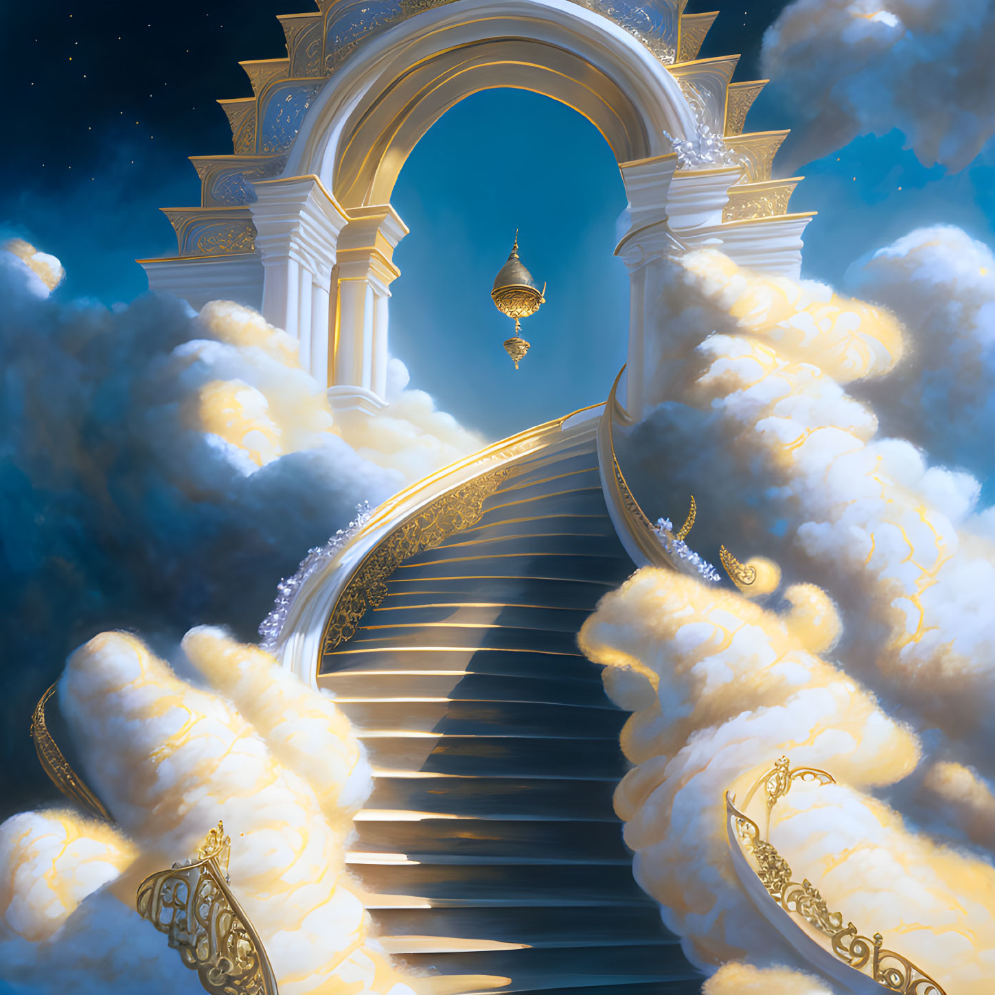 Golden staircase ascending through clouds to ornate archway and floating lantern in starry sky