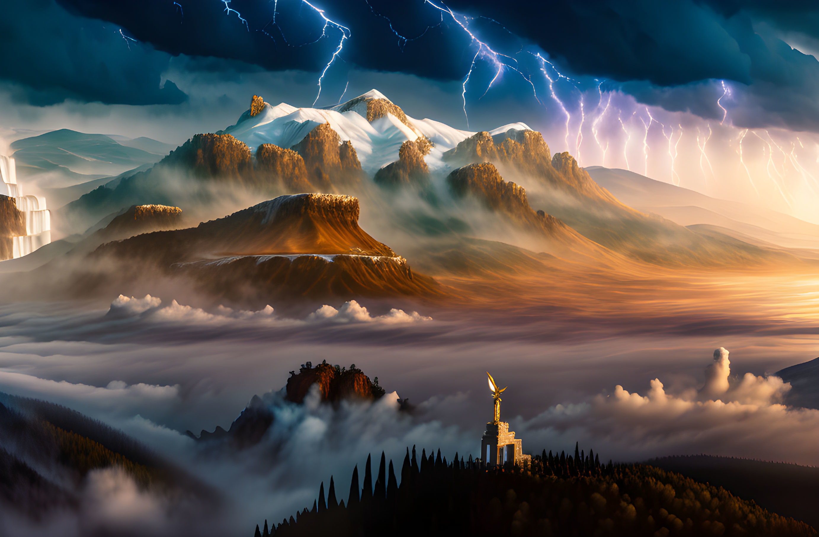 Fantasy landscape: stormy skies, castle on hill.