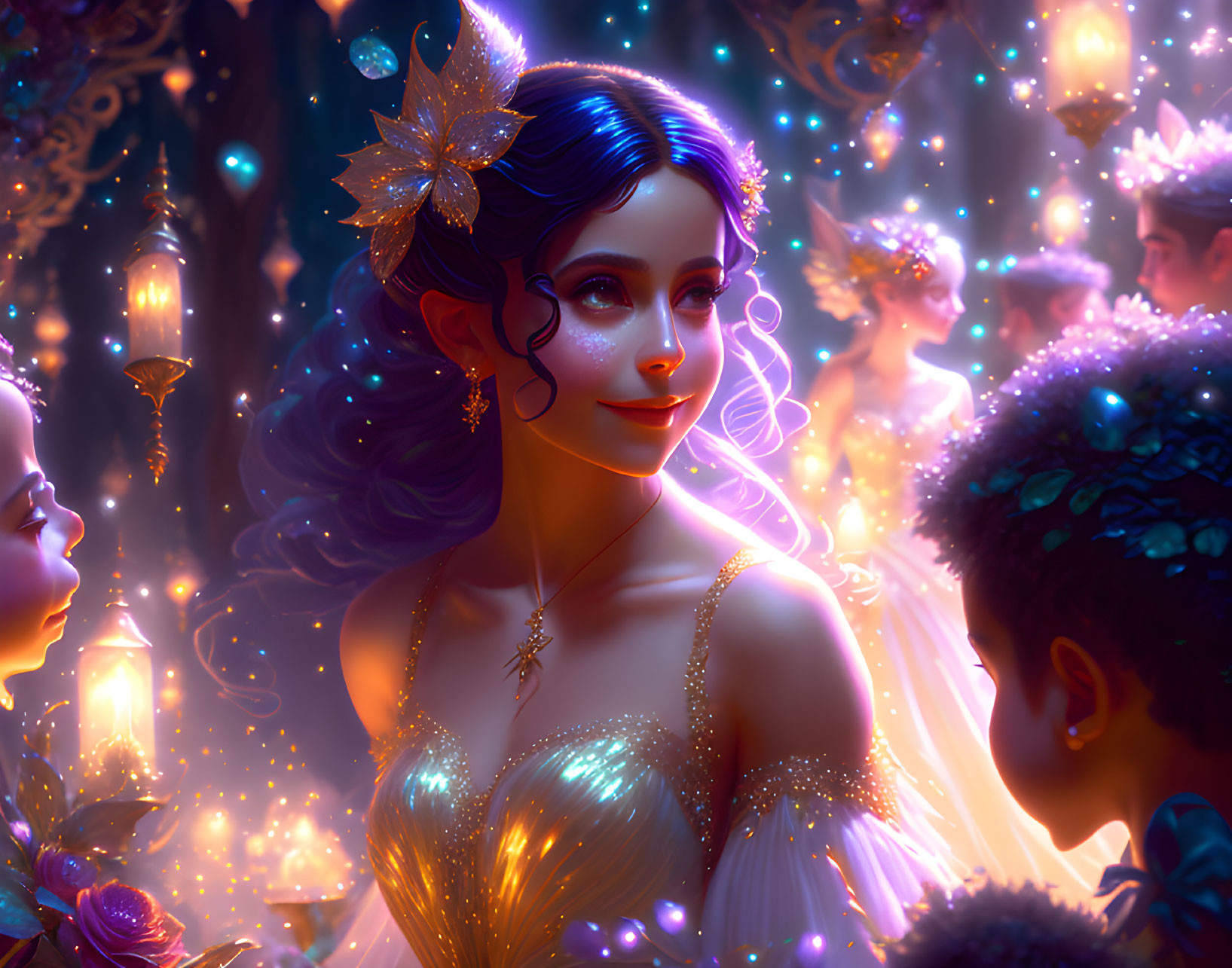 Blue-haired woman in magical glowing environment with ethereal figures