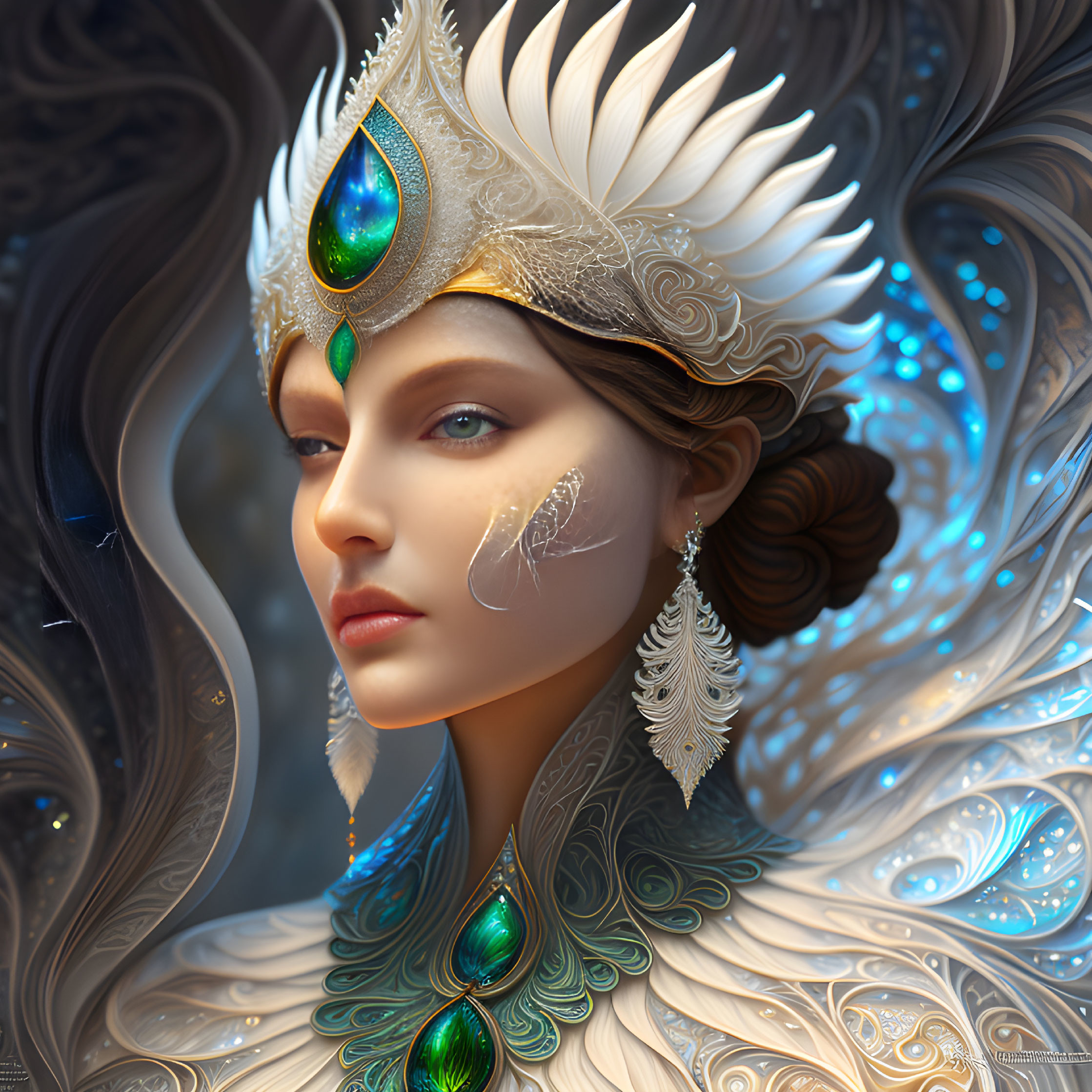 Digital art portrait of a woman with feathered headdress and peacock motifs.