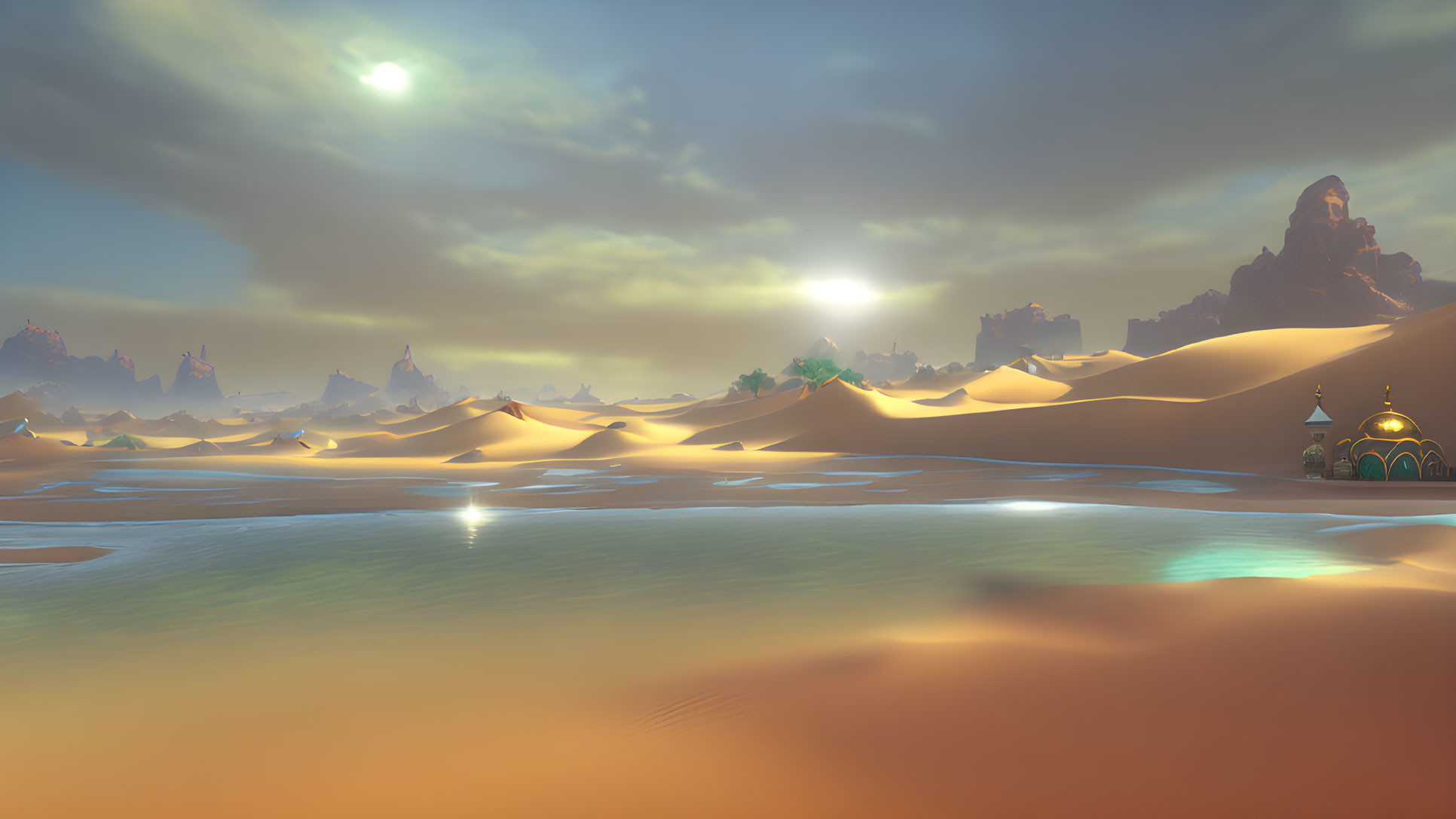 Desert landscape at sunset with dunes, oasis, and dome structure