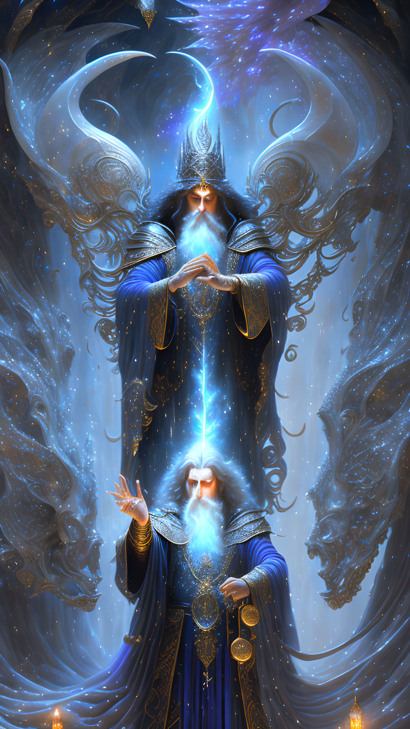 Majestic wizard in blue robes casting cosmic spell