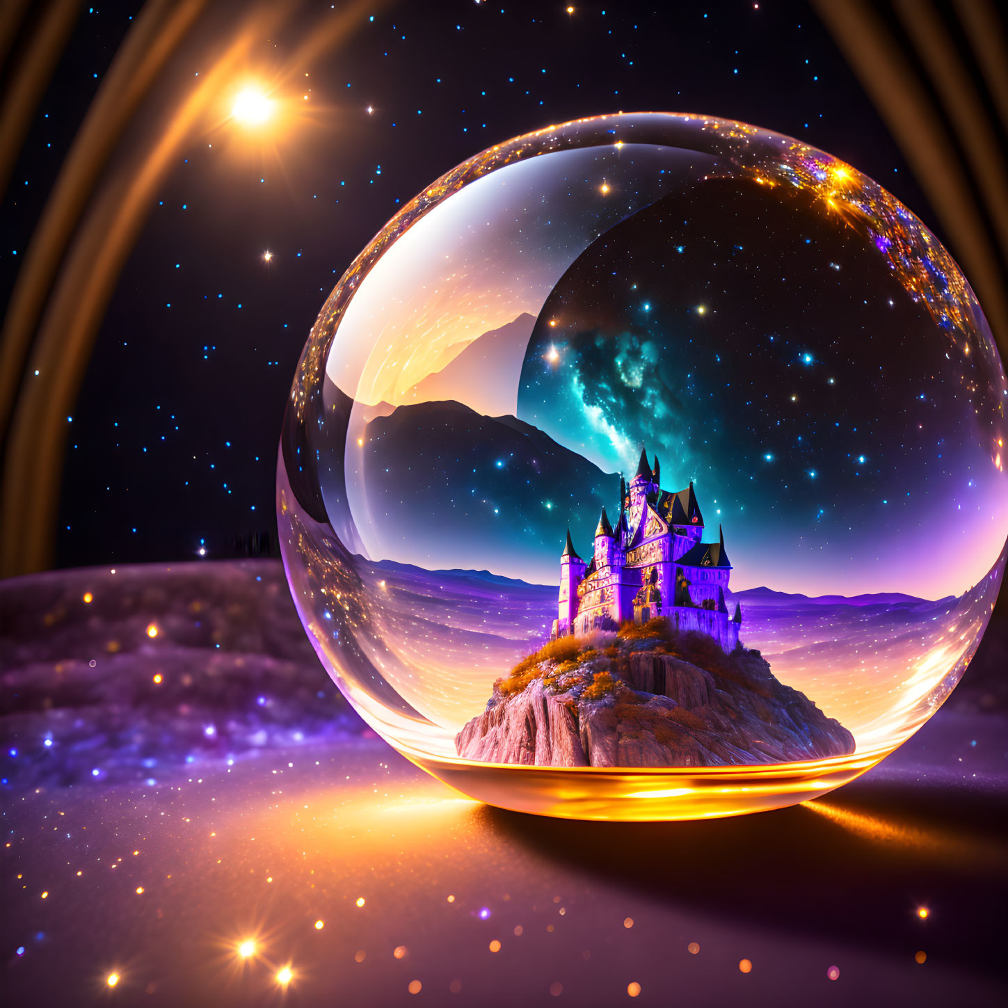 Fantasy landscape with castle in transparent sphere under starry sky