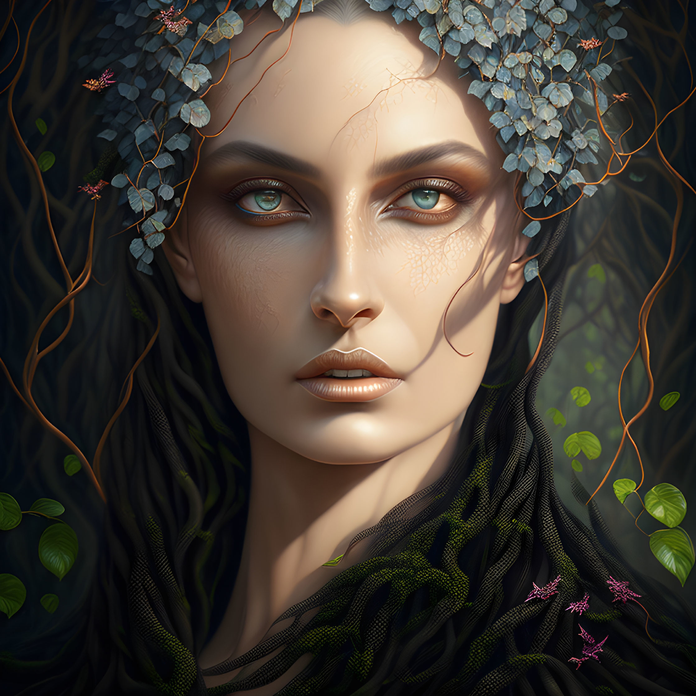 Digital portrait of woman with vines and flowers in hair and green eyes, set in nature.