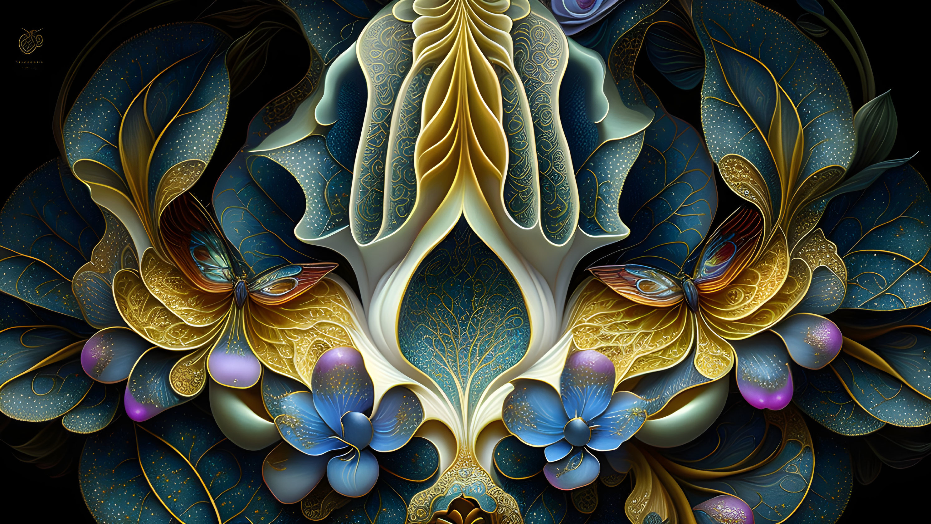 Symmetrical floral pattern with butterfly motifs in blues, golds, and purples