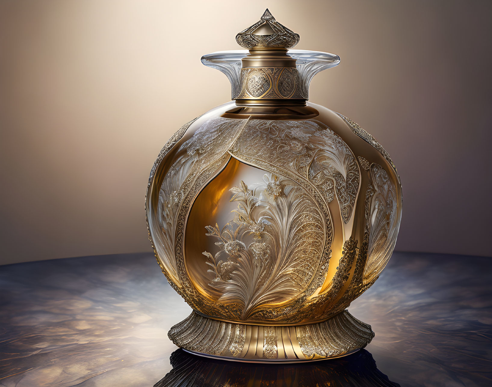 Translucent perfume bottle with gold and white details on reflective surface