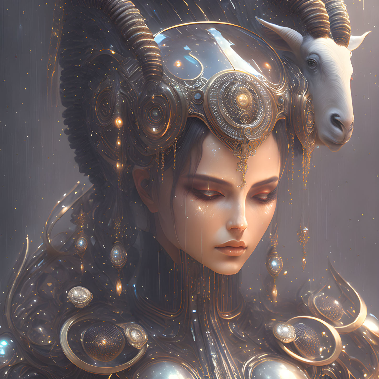 Fantasy portrait with ornate horned headgear and serene expression