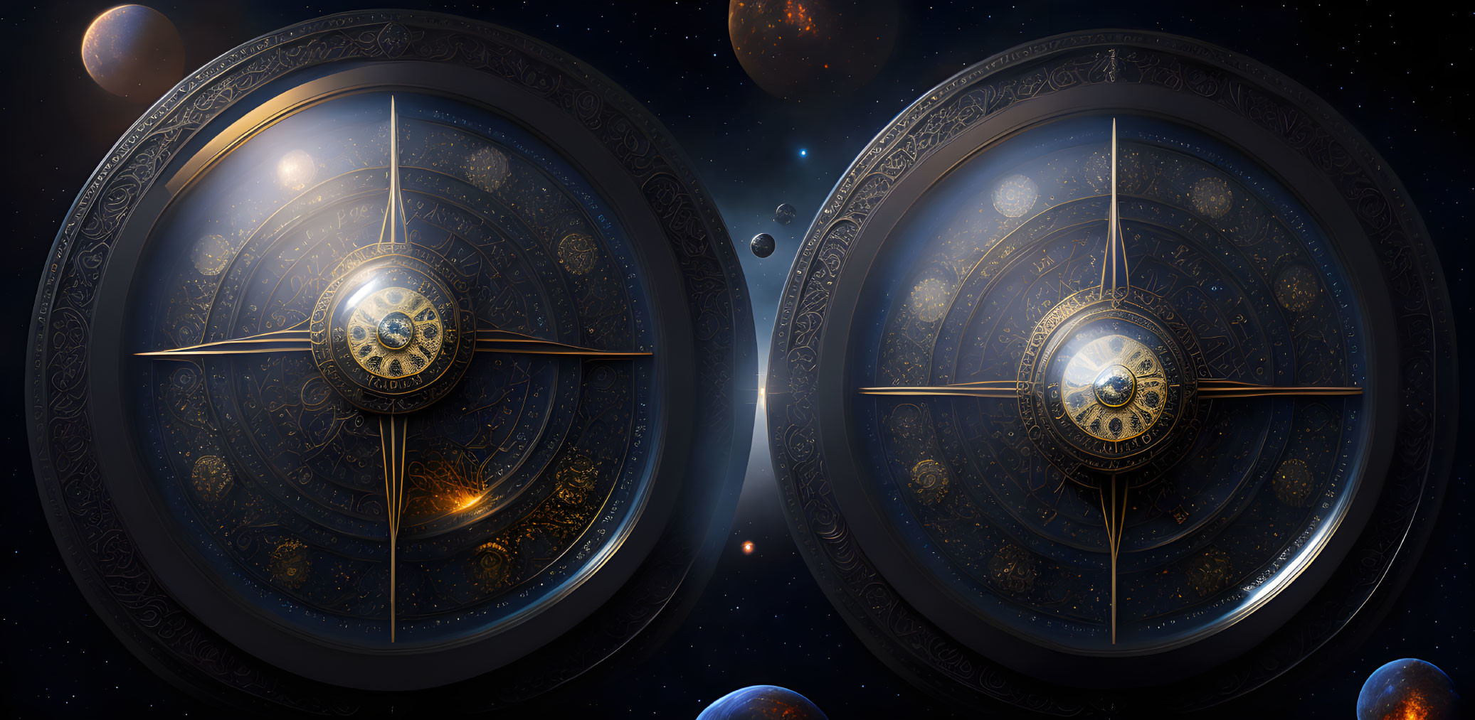 Celestial spheres digital artwork with astronomical clocks and planets