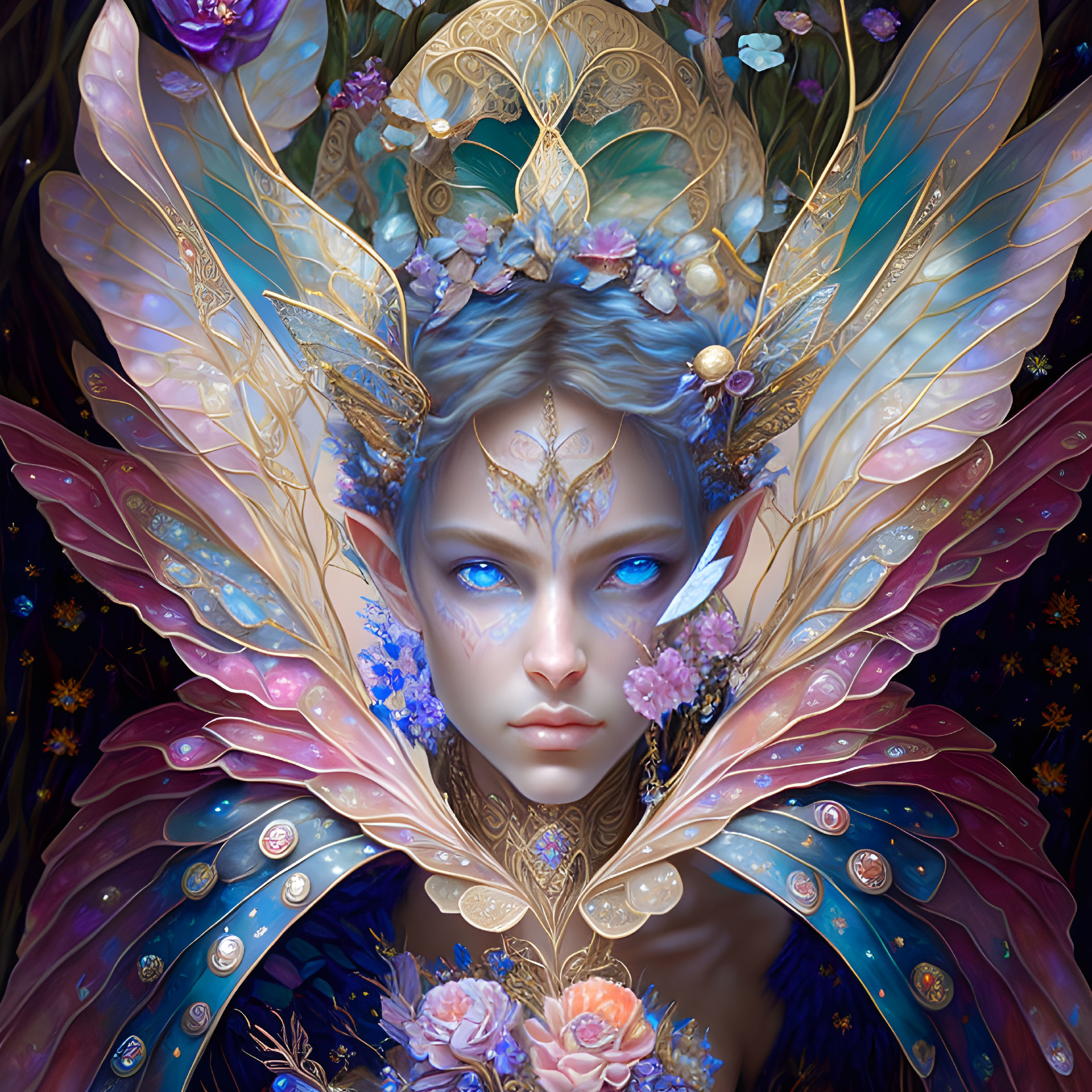 Fantasy illustration featuring character with butterfly wings and gold headpiece surrounded by flowers and stars.