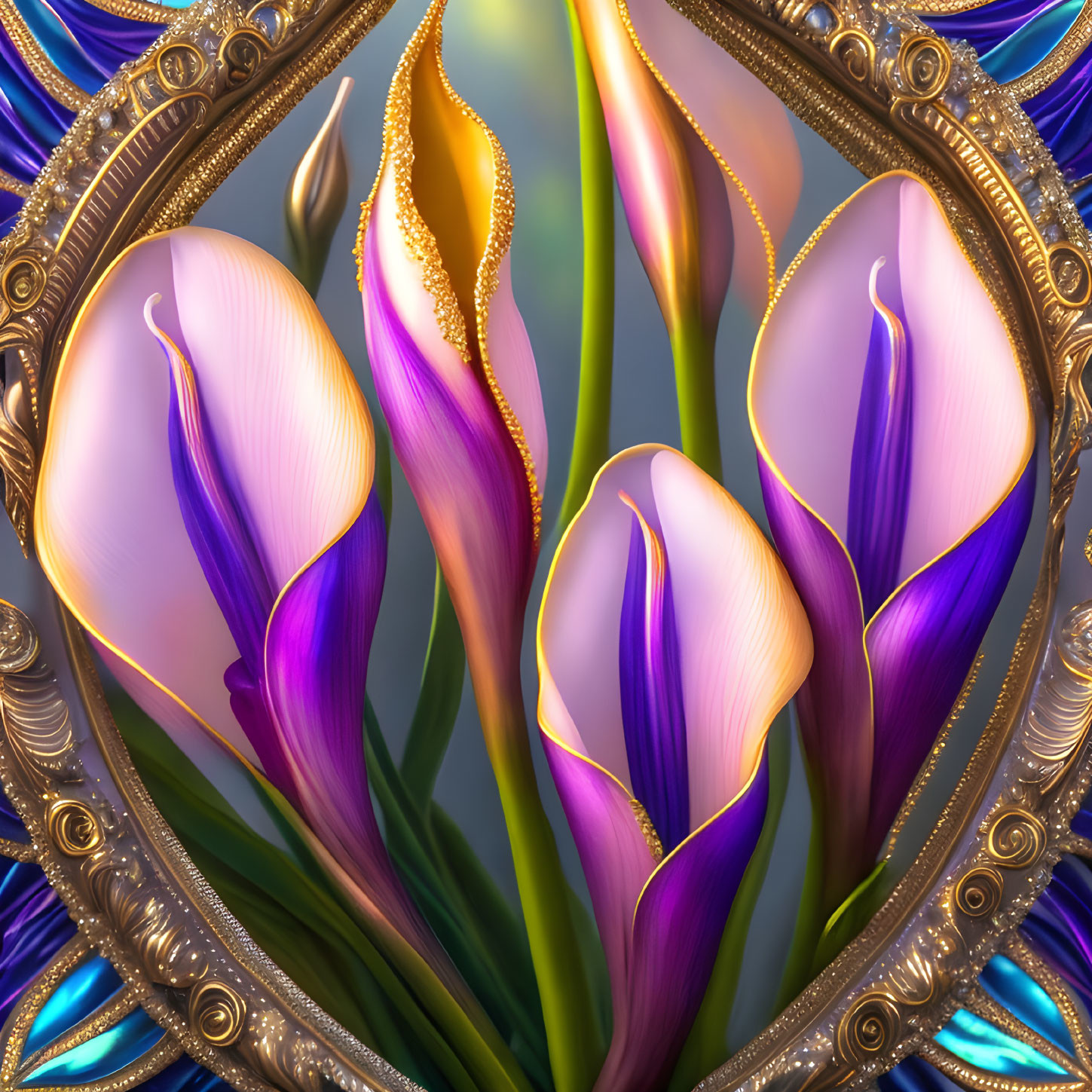 Colorful Stylized Calla Lilies in Golden Oval Frame on Blue Background