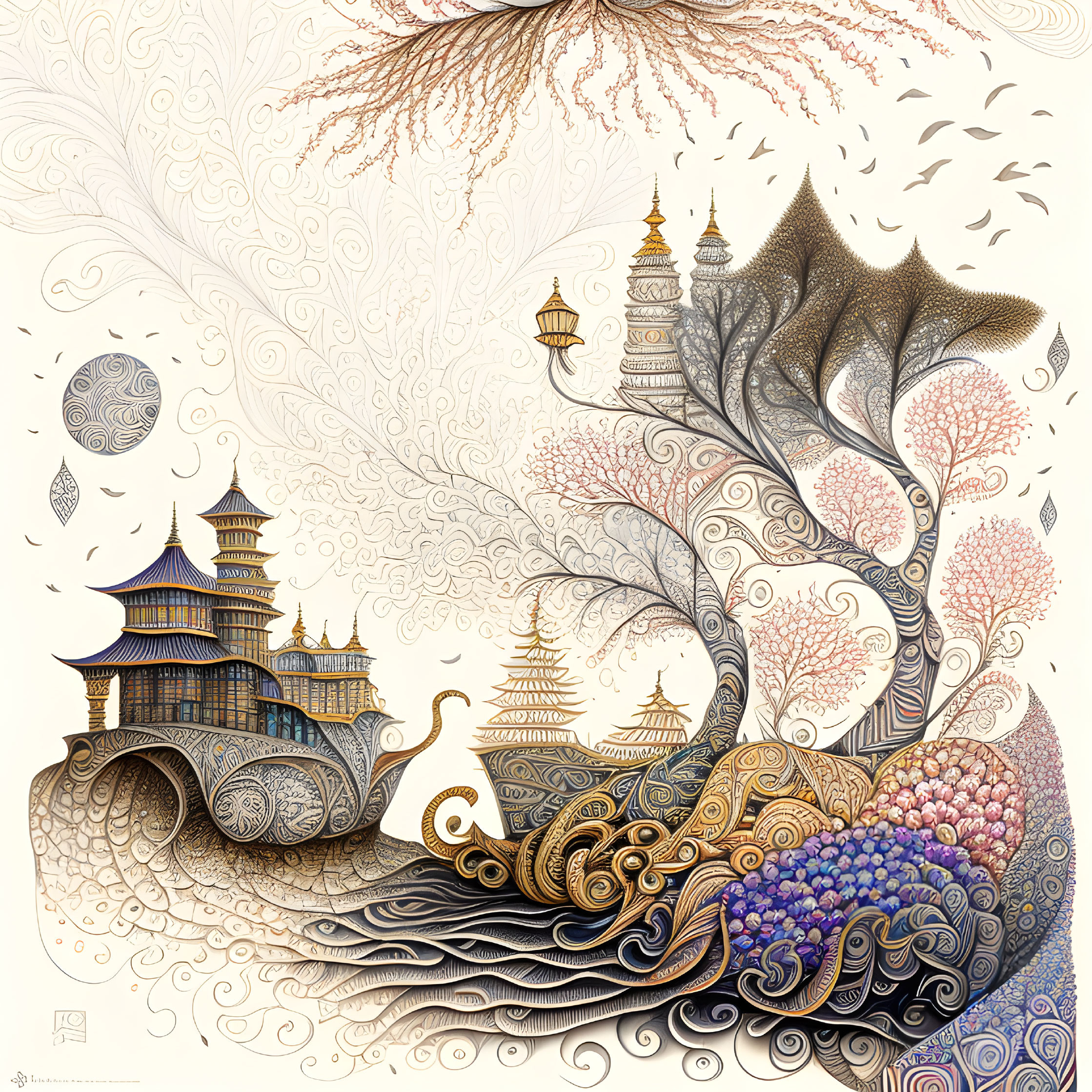 Detailed Asian-style landscape art with fantasy elements