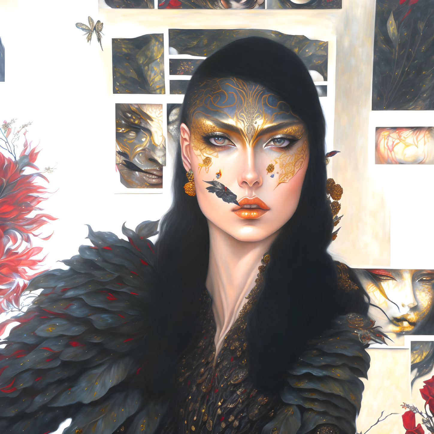 Digital painting of woman with black hair, golden facial tattoos, dark lipstick, and feathered black garment