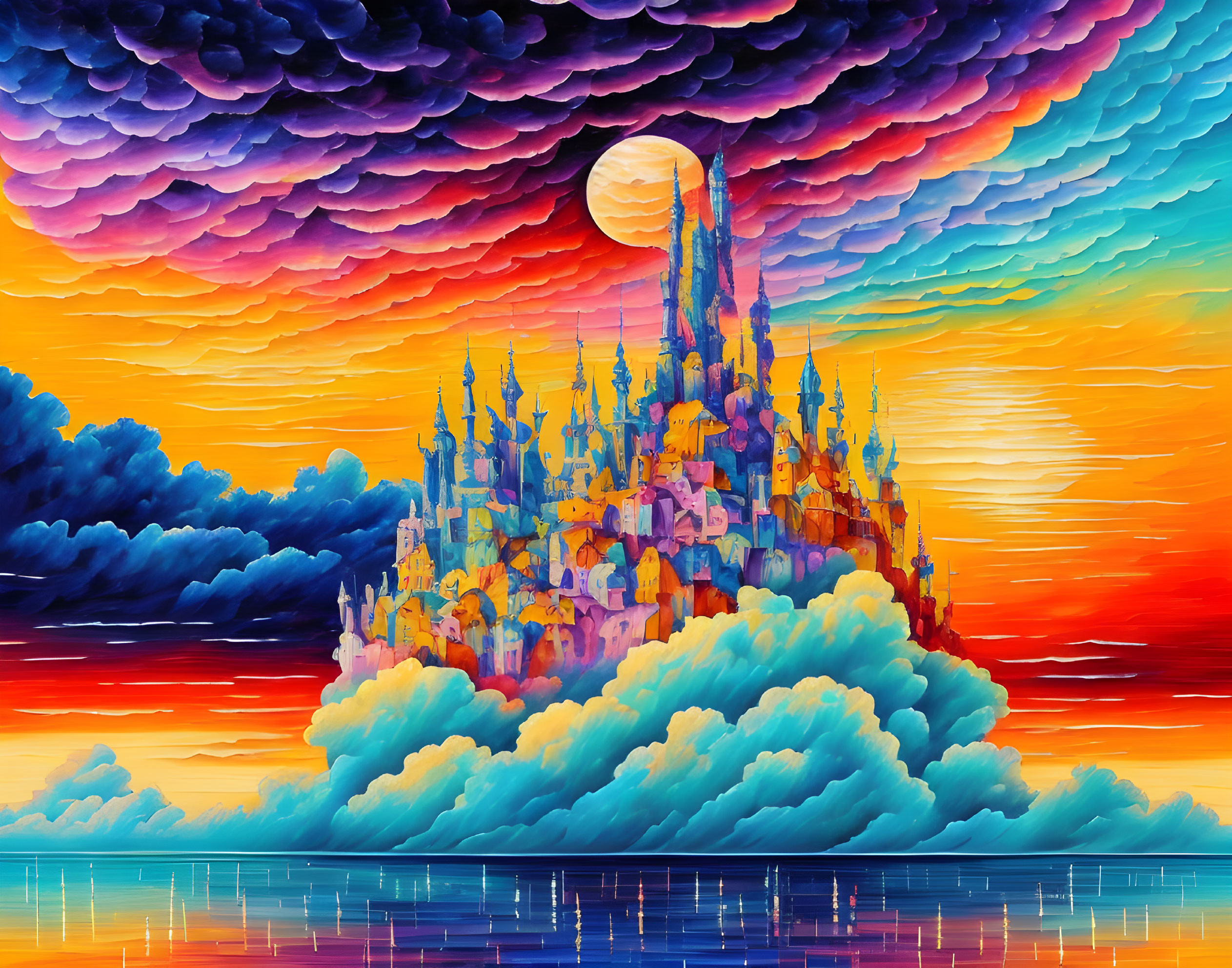 Vibrant floating castle above reflective water with full moon