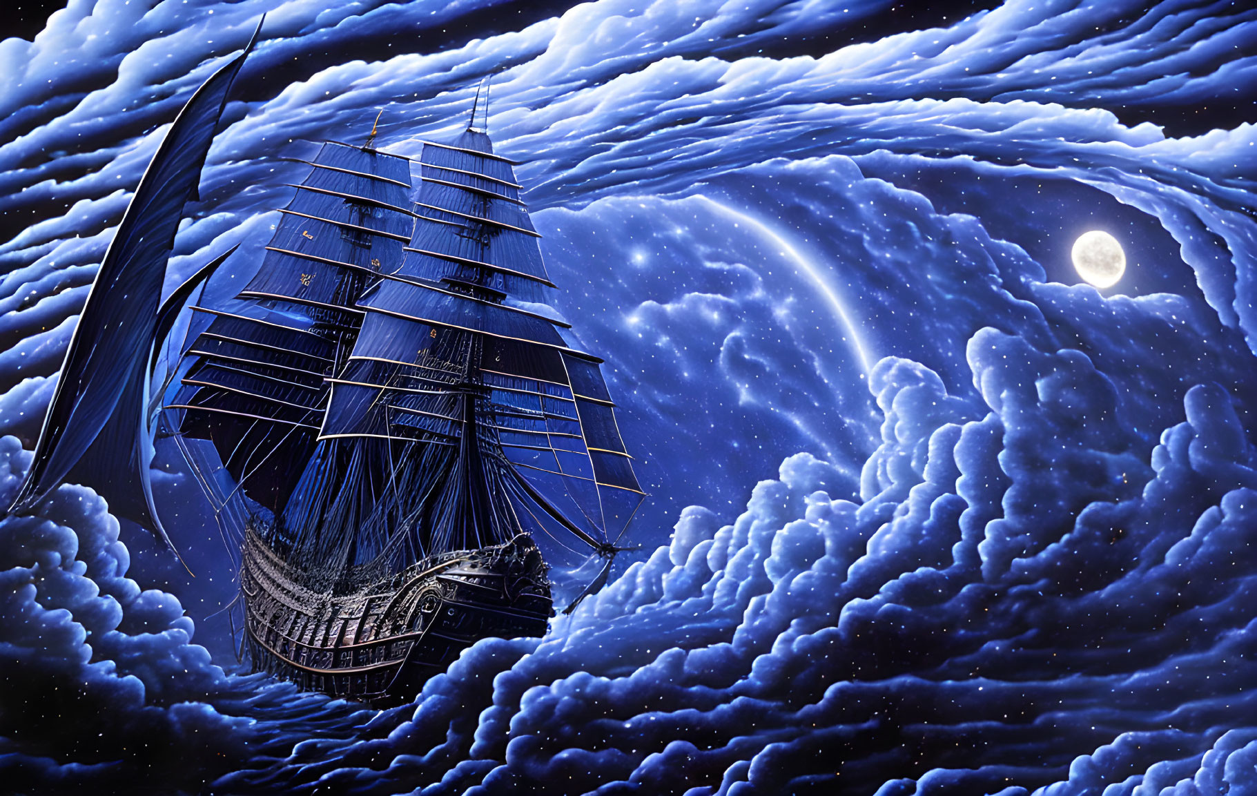 Surreal galleon sailing through moonlit sky with swirling clouds