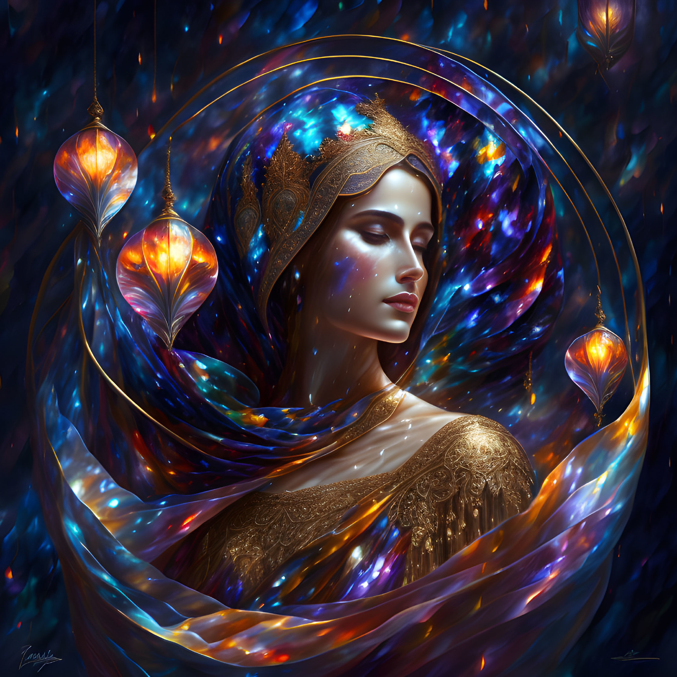 Regal woman in golden attire with cosmic swirls and lanterns.