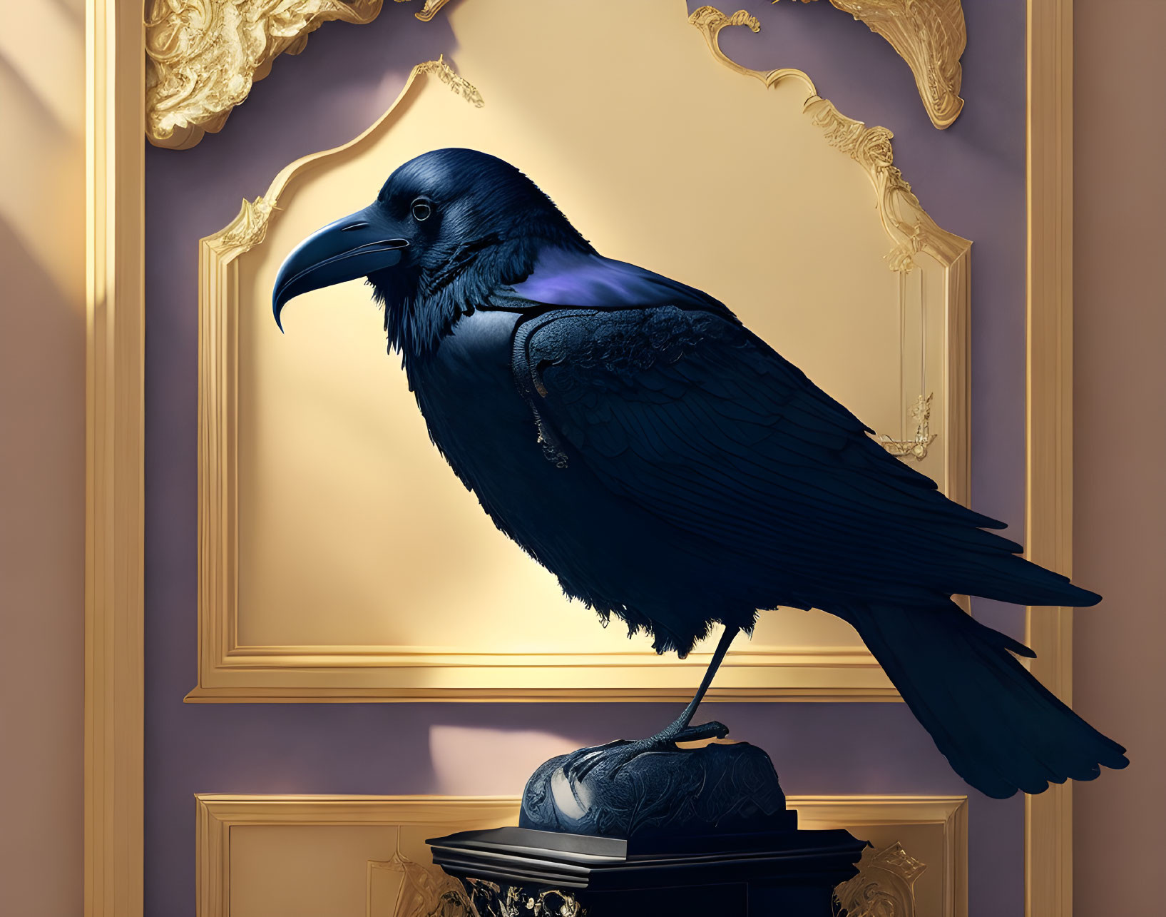 Black Raven on Skull with Mirror and Purple Background