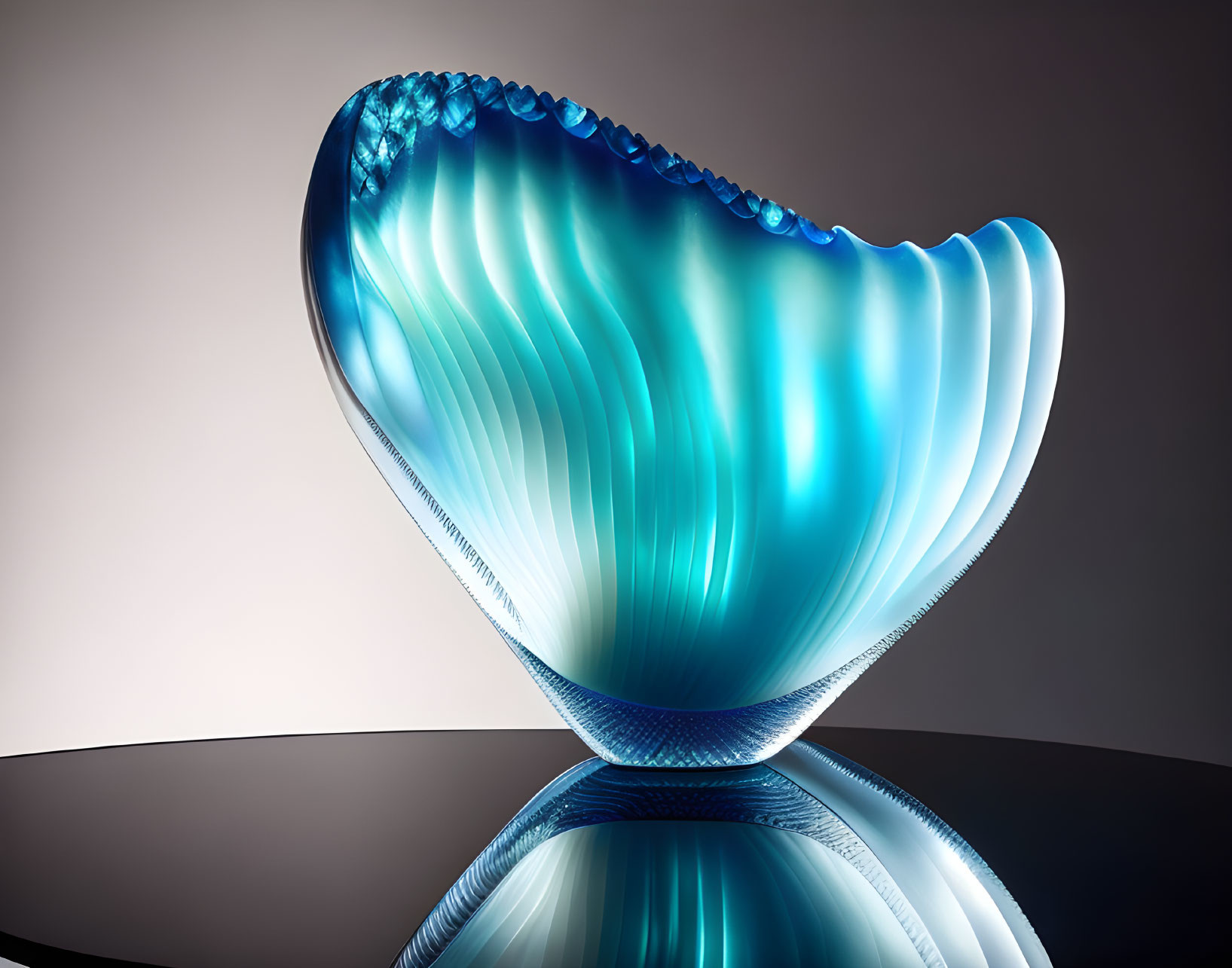 Blue Glass Clamshell Vessel on Dark Surface with Gradient Background