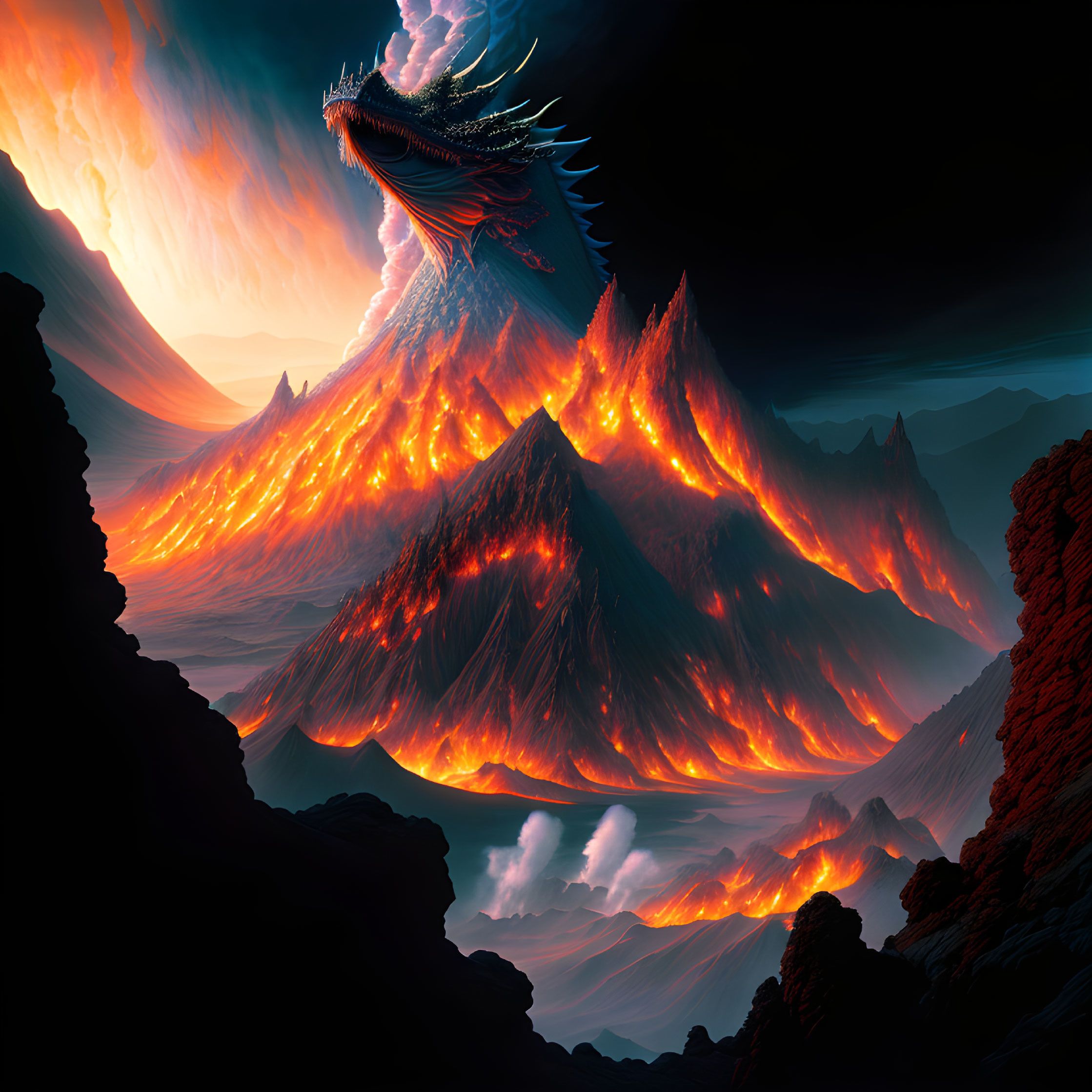 Fantastical dragon with lava body in fiery landscape