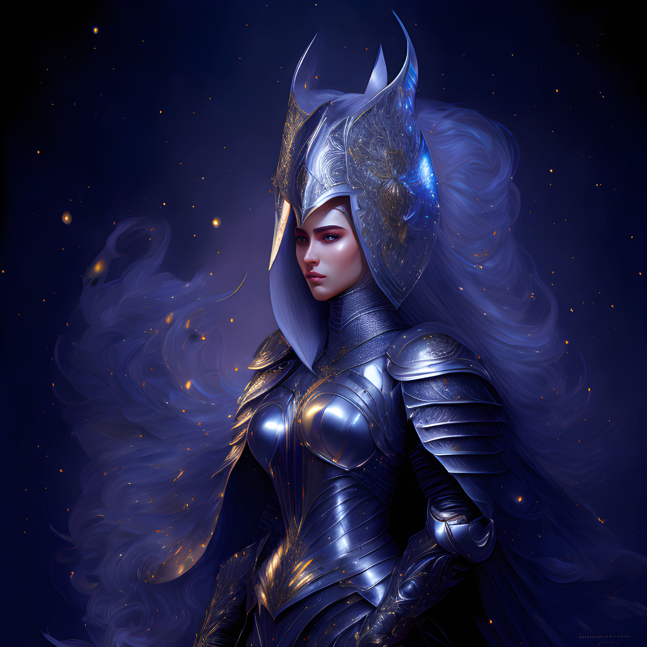 Female warrior in ornate silver armor under starry night sky