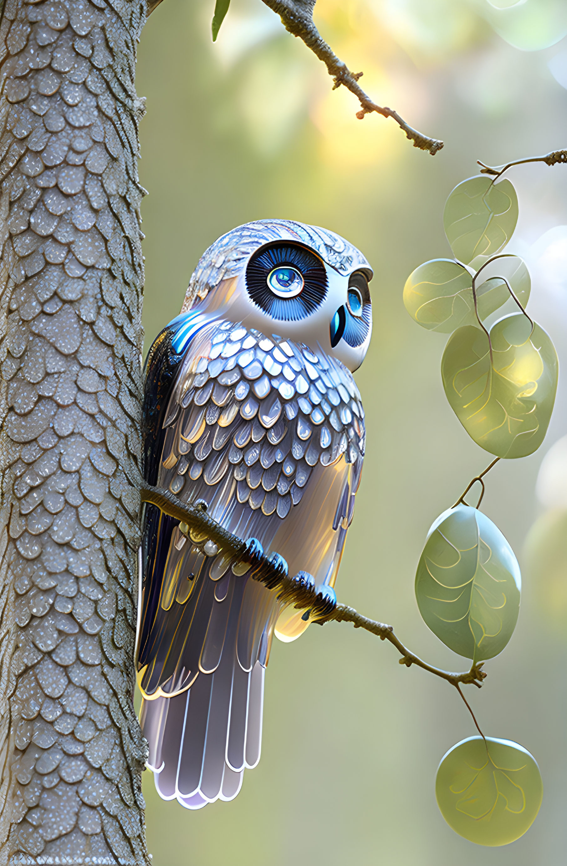 Stylized owl digital illustration with intricate patterns and captivating blue eyes.