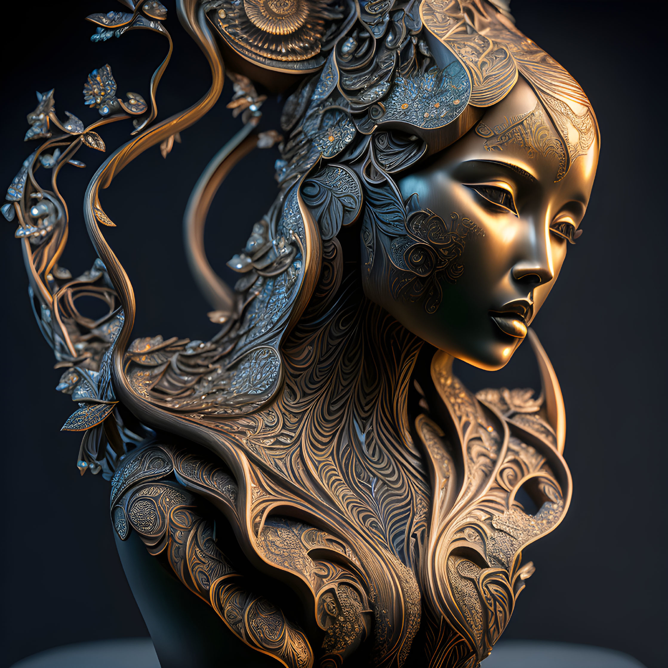 Intricate metallic sculpture of woman's profile with floral and swirl patterns