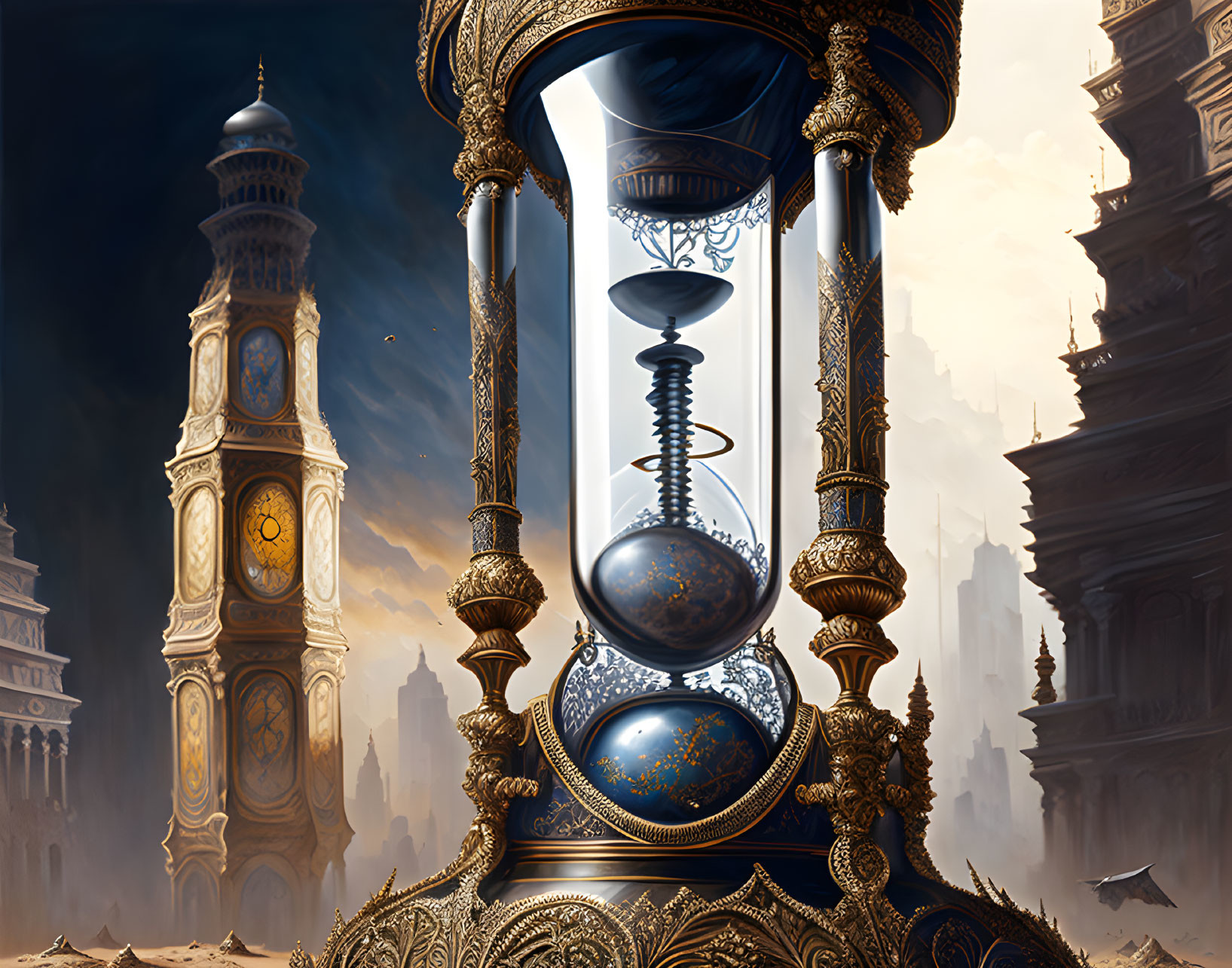 Ornate hourglass with cosmic sphere in mystical setting
