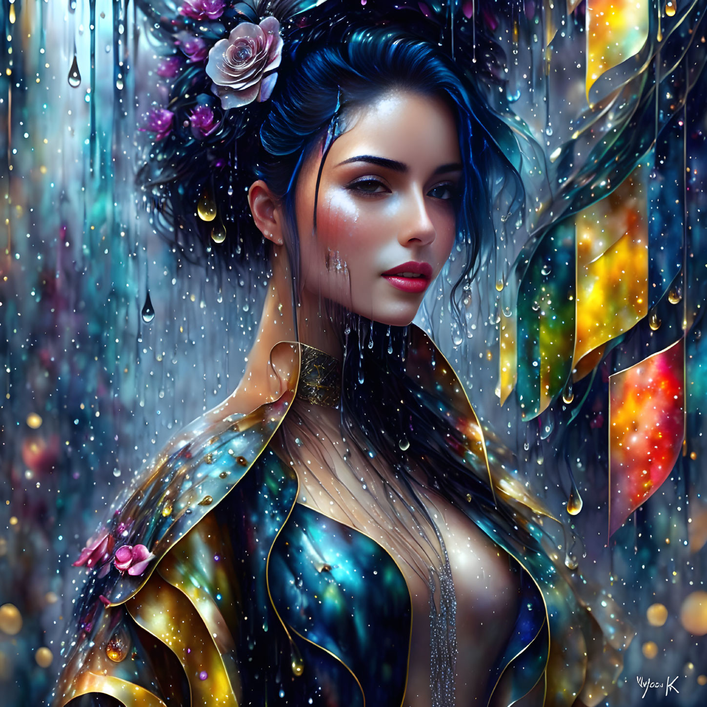 Digital artwork featuring a woman in vibrant rain-streaked flora with glossy petal-adorned attire