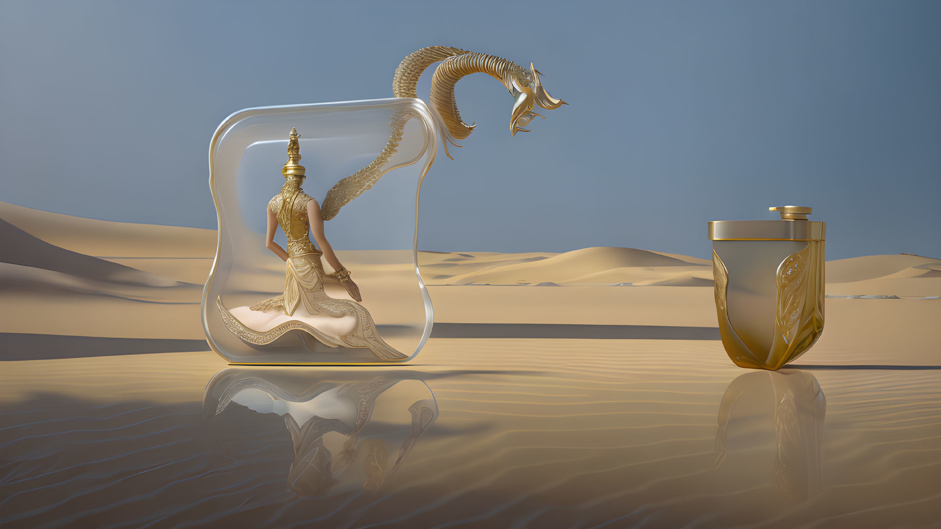 Golden dragon sculpture in glass-like container against desert backdrop