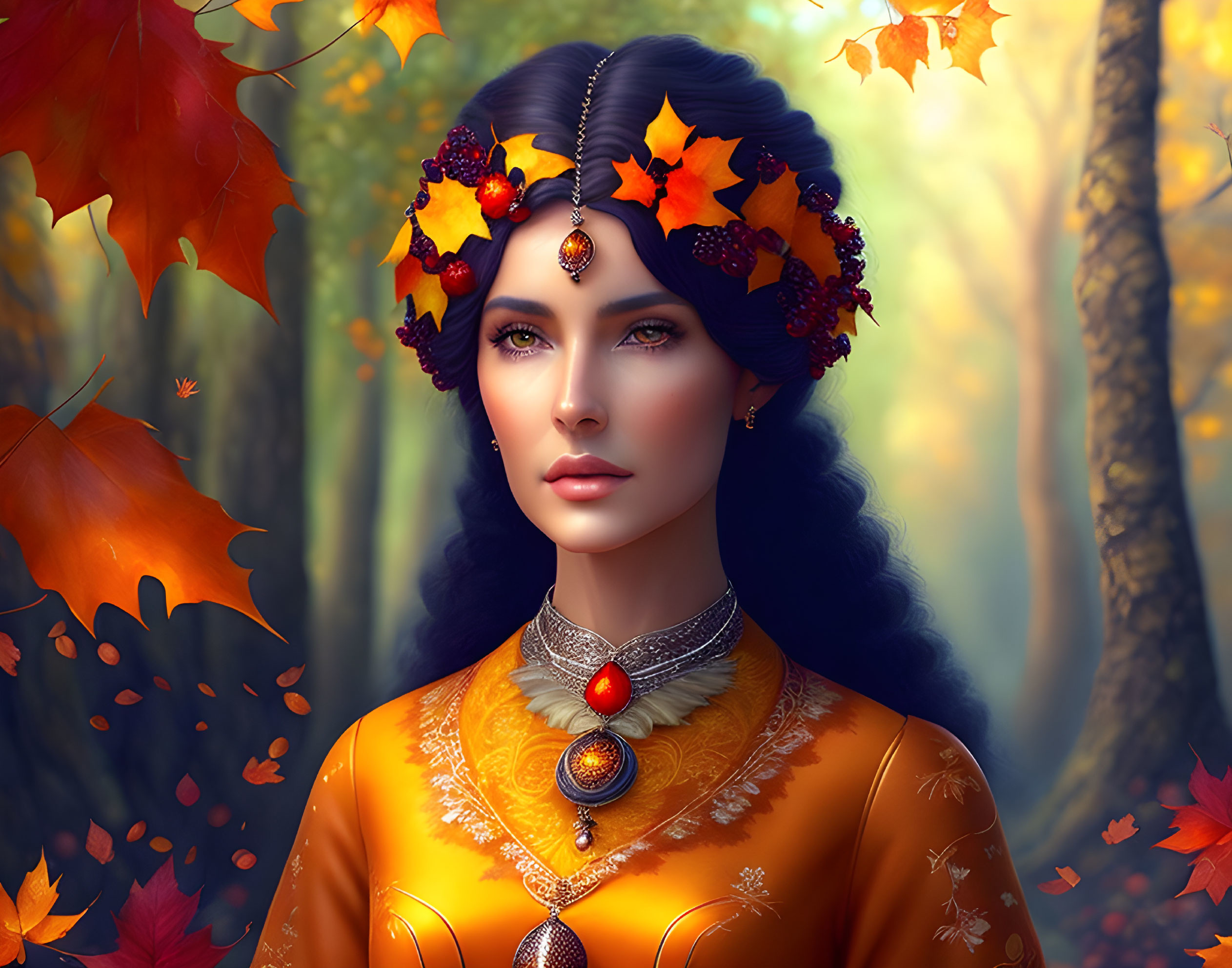 Digital artwork: Woman with dark hair in autumn headdress, yellow garment, forest background.