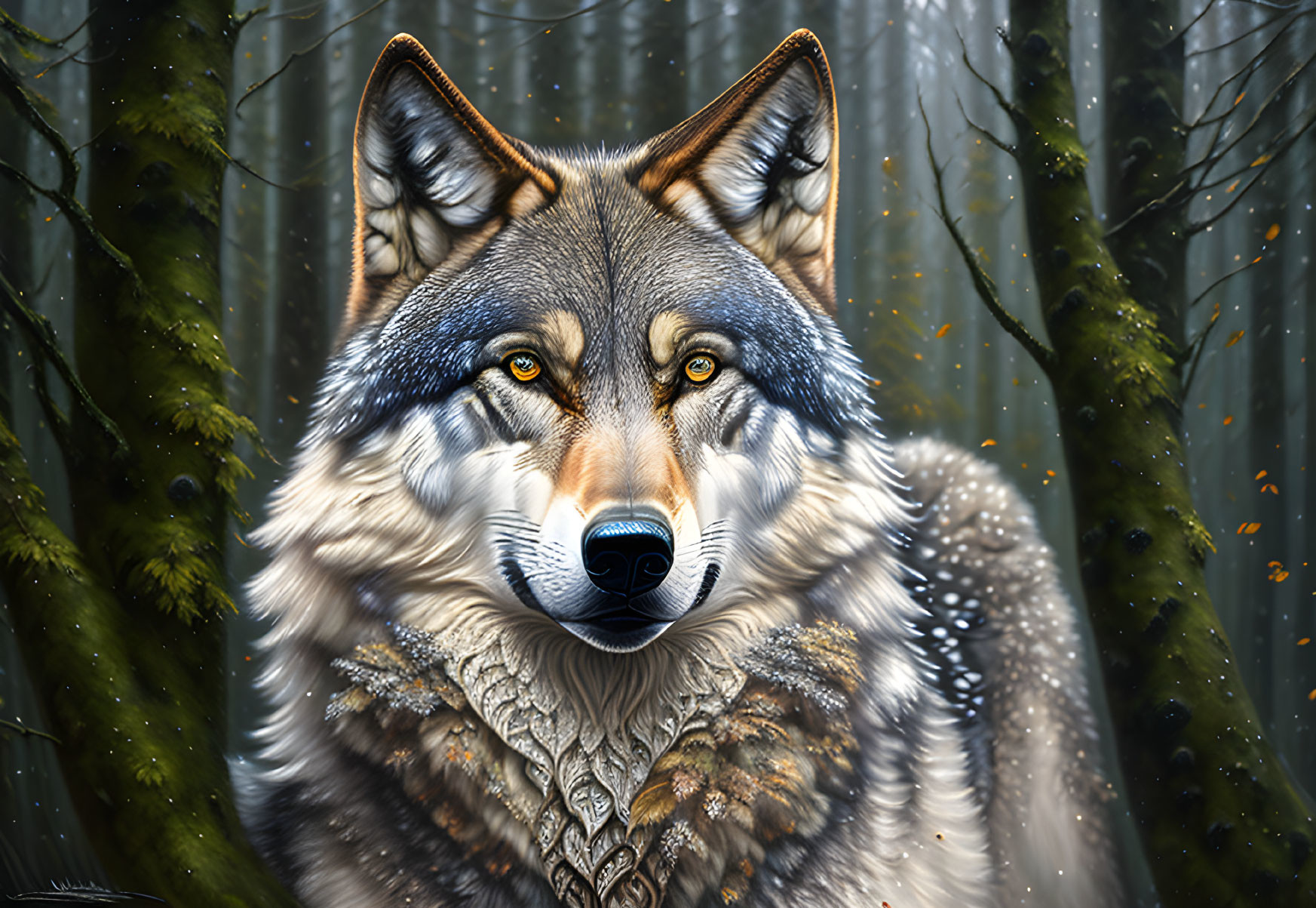 Hyper-realistic wolf illustration in misty forest with amber eyes.