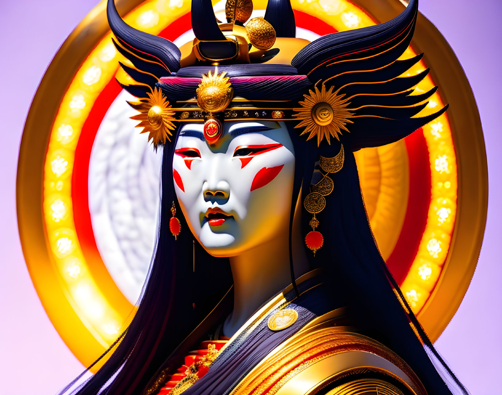 Stylized regal female figure with elaborate headdress and circular halo