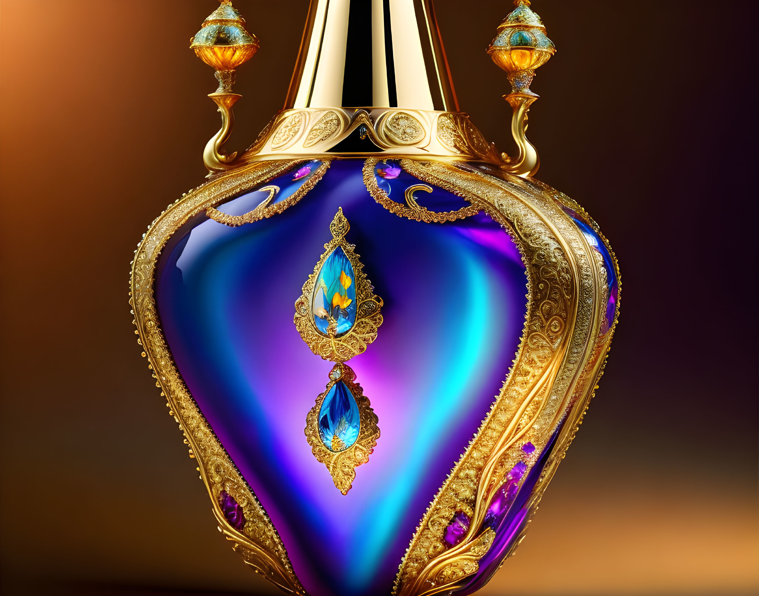 Golden Perfume Bottle with Blue Gemstones on Warm Background