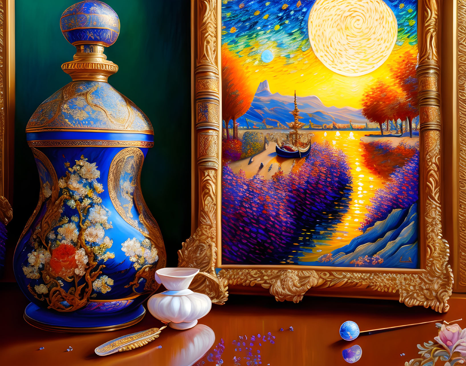 Starry night painting with river scene, golden frame, blue vase, white bowl, marble