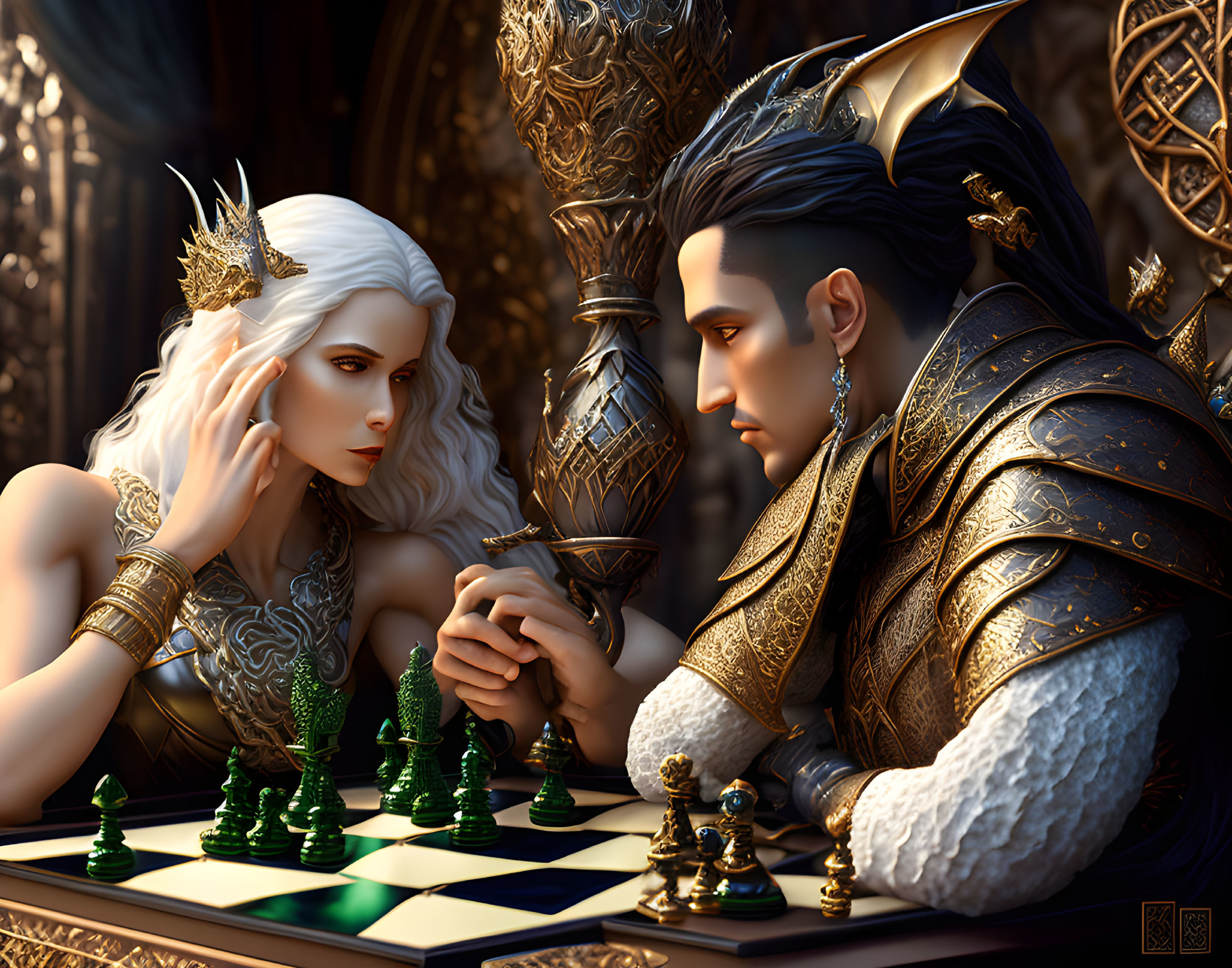 Fantasy characters play chess in elaborate armor.