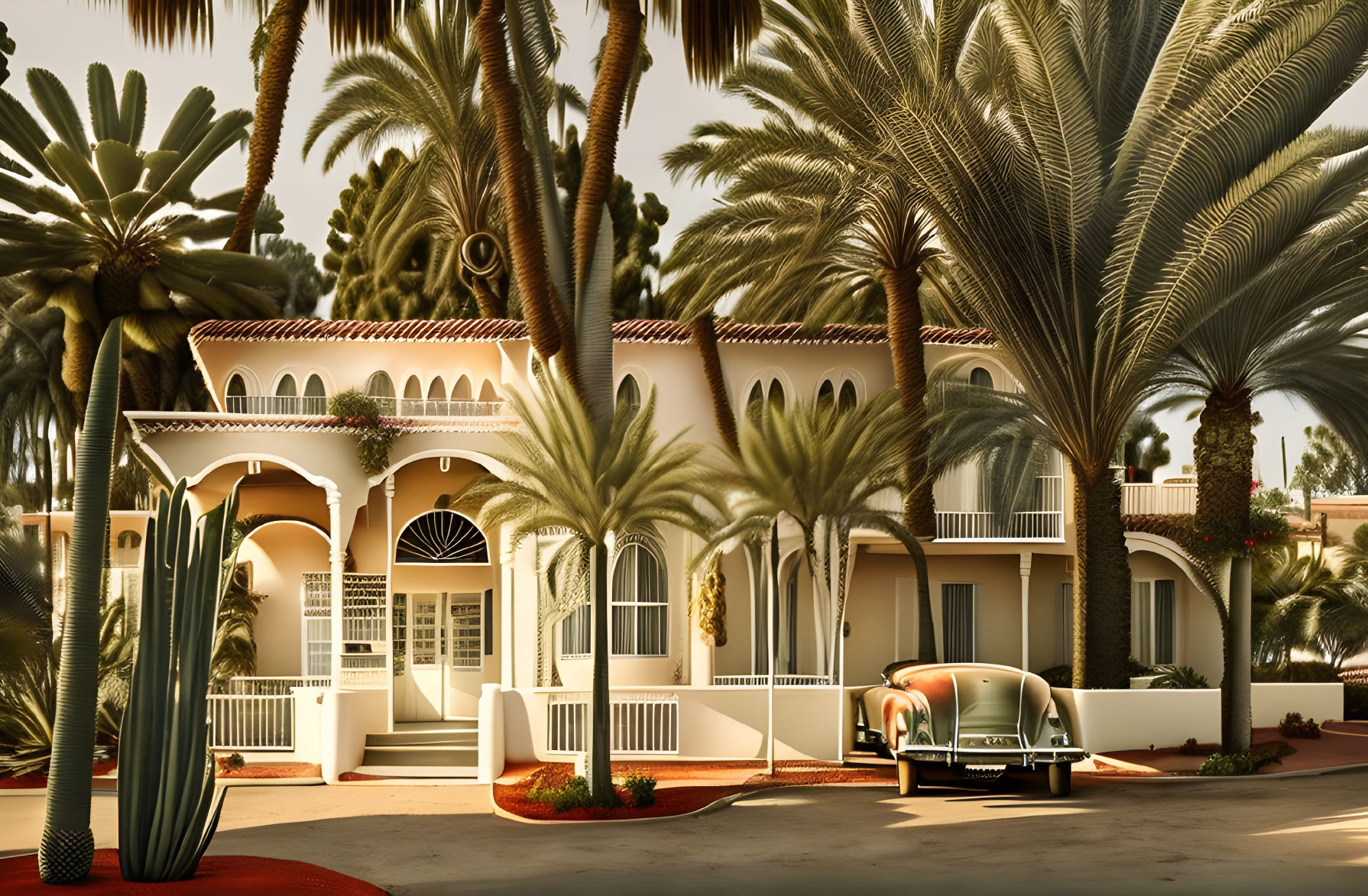 Vintage Car Parked in Front of Spanish-Style Villa with Palm Trees