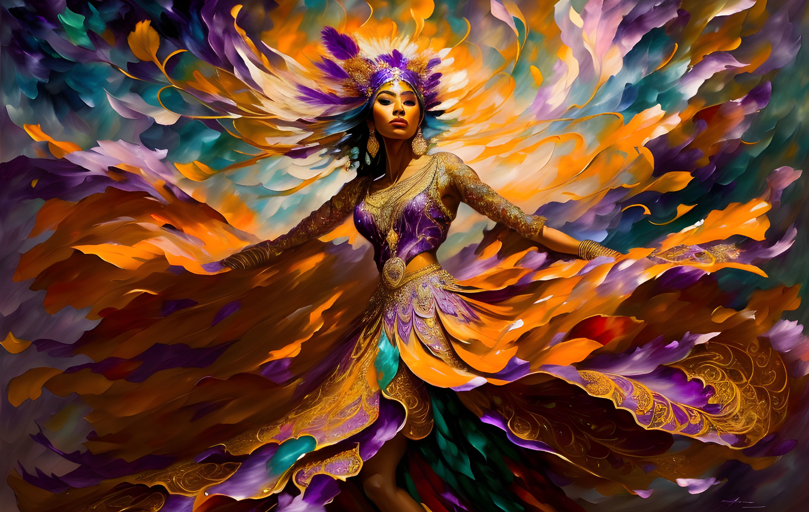 Vibrant Woman in Flowing Dress with Feathered Headdress