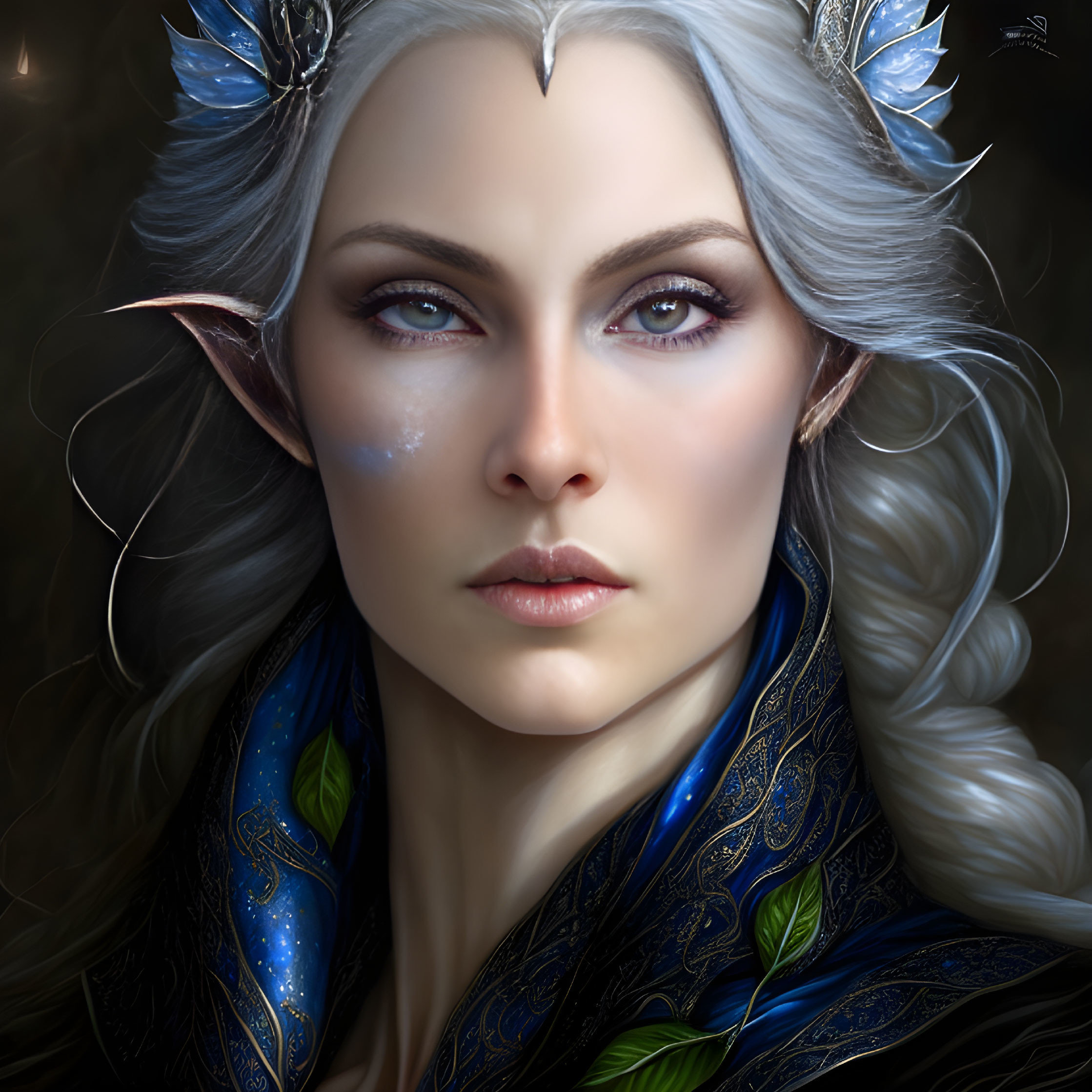 Detailed Illustration: Female with Pointed Ears, Pale Skin, White Hair, Blue & Silver