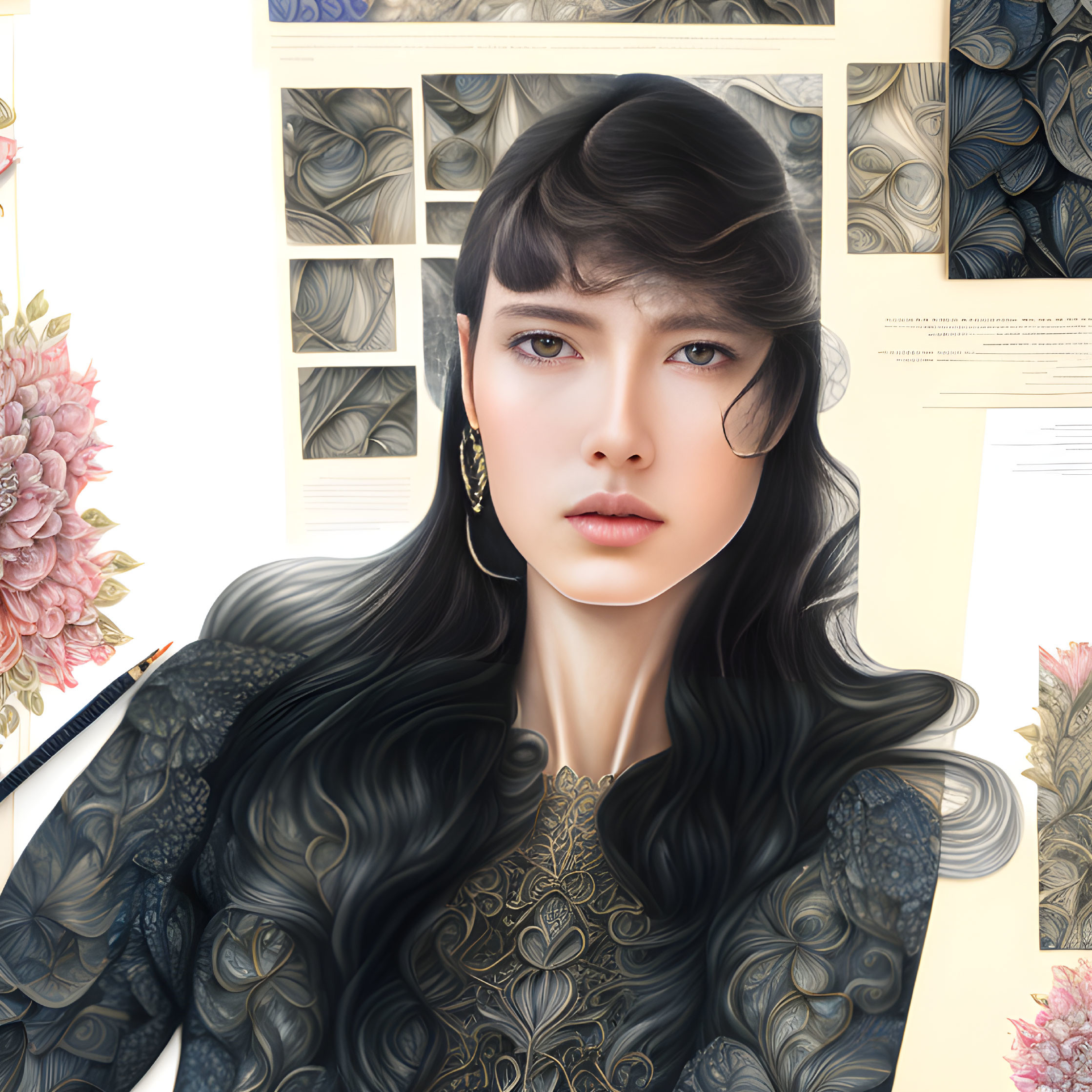 Digital illustration: Woman with black hair, blue eyes, adorned with gold patterns on ornate floral background