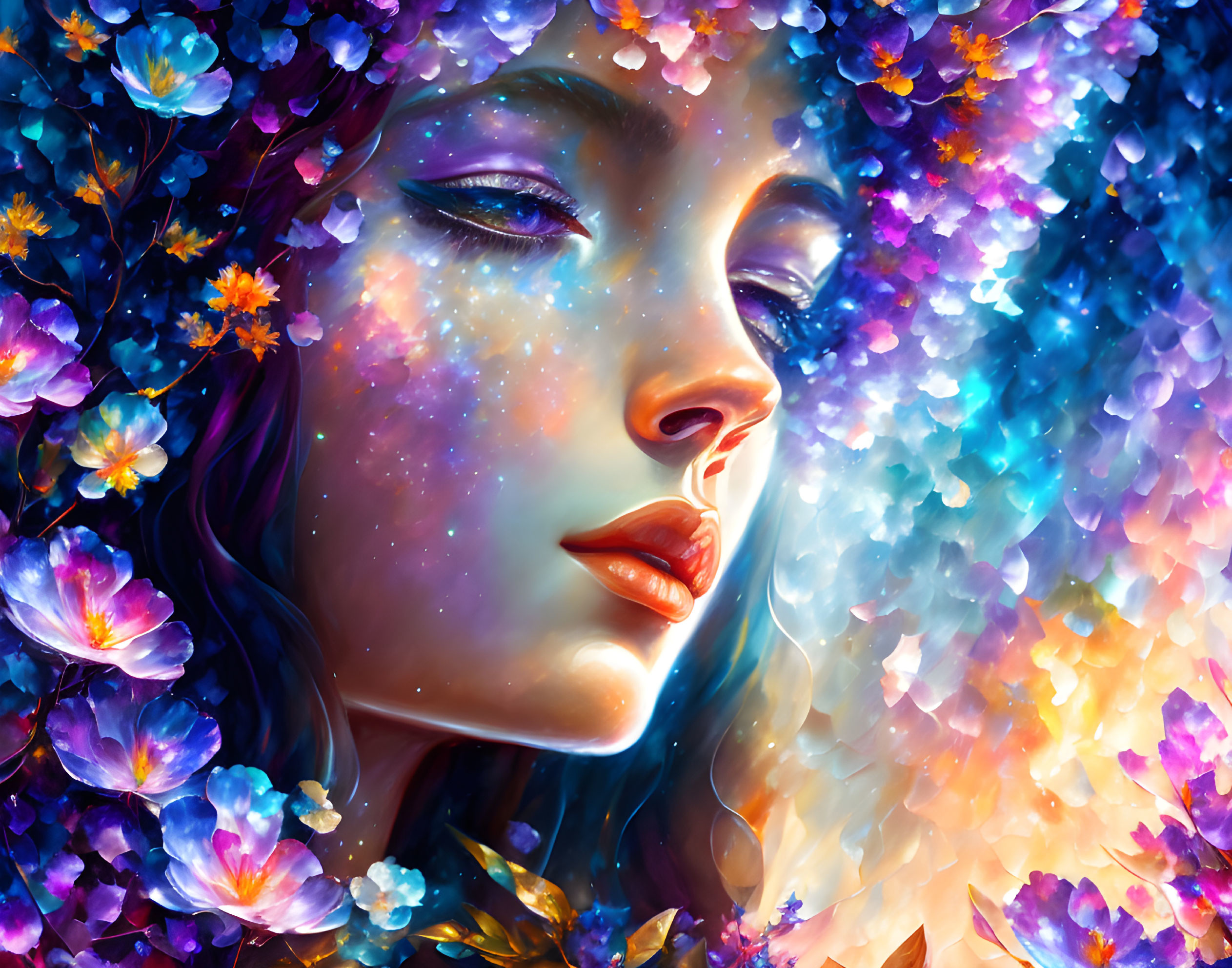 Digital portrait of woman with cosmic flowers and galaxy-themed skin