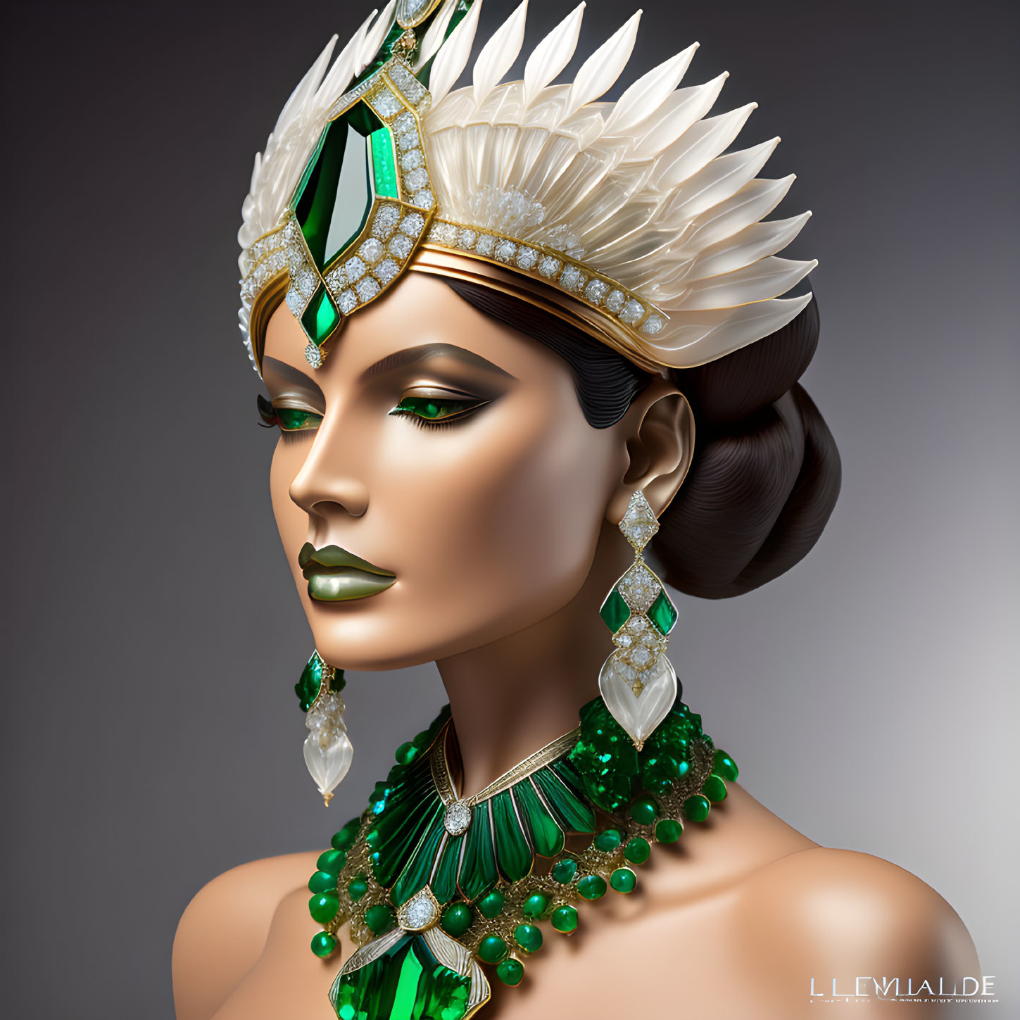 Elaborate Golden and Emerald Jewelry on Woman Portrait