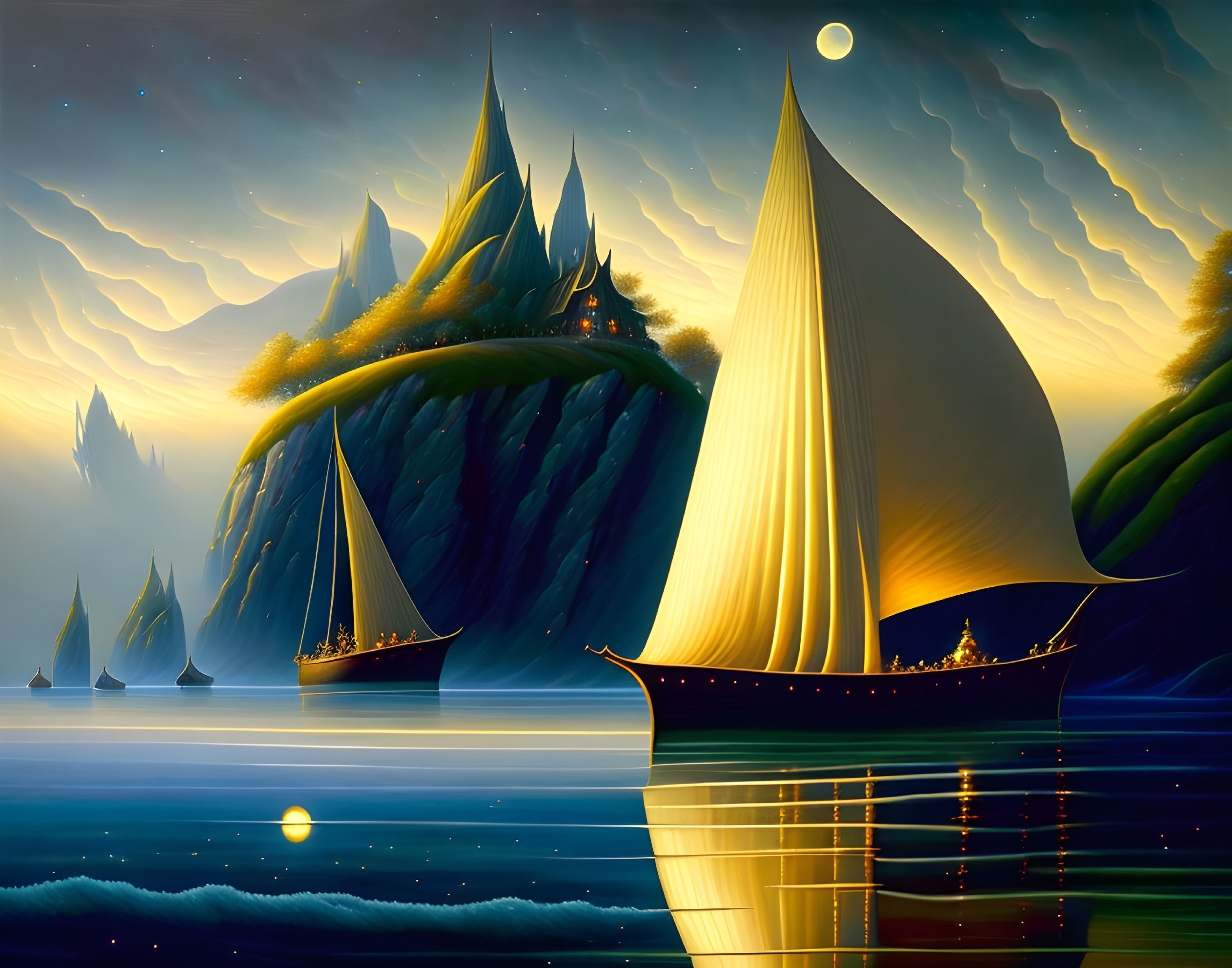 Fantasy nightscape with sailboats, moon, mountains, and starlit sky