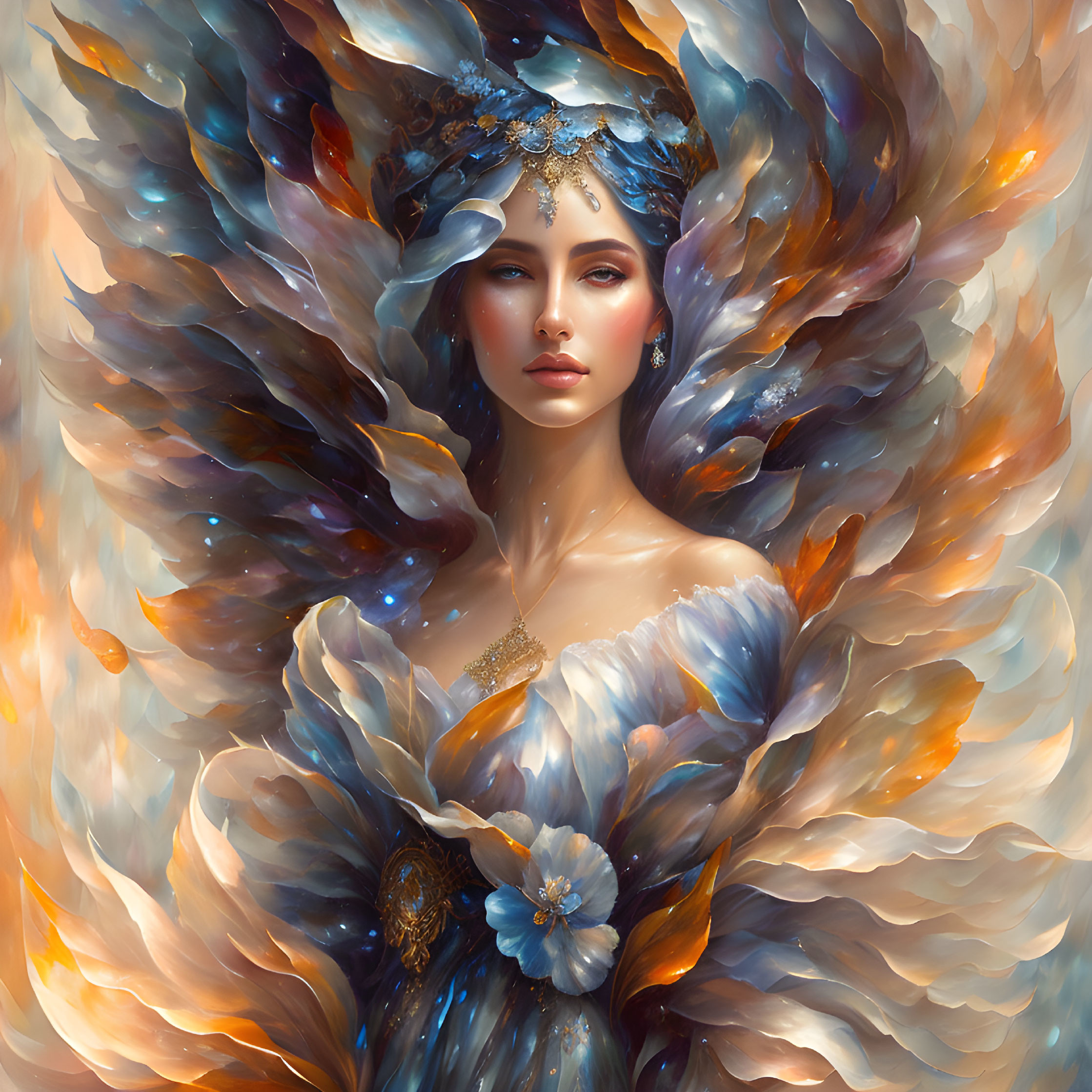 Surreal portrait of woman in feathered headpiece